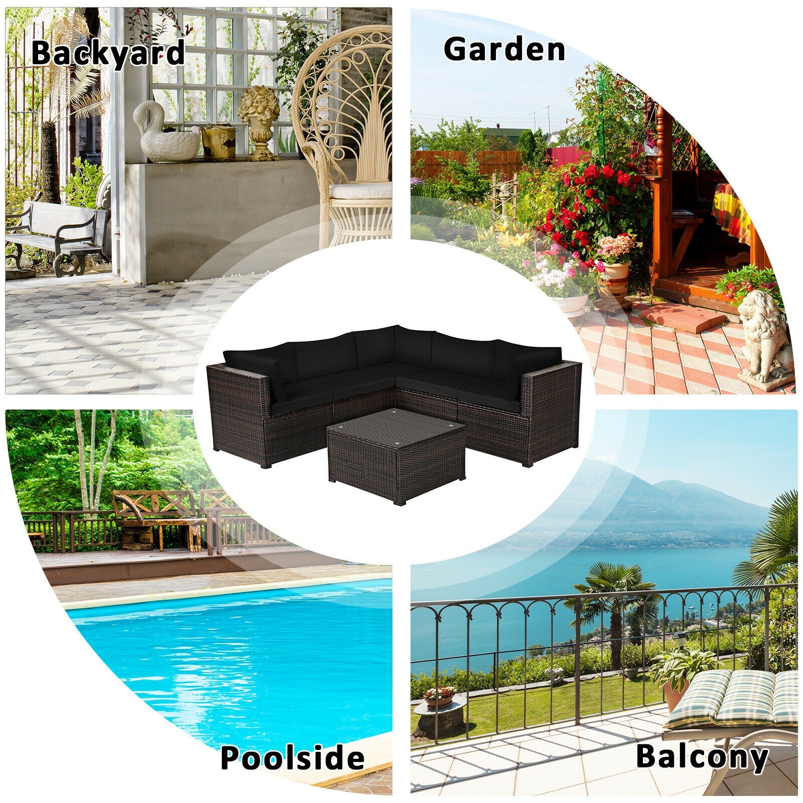 6 Pieces Patio Furniture Sofa Set with Cushions for Outdoor-Black