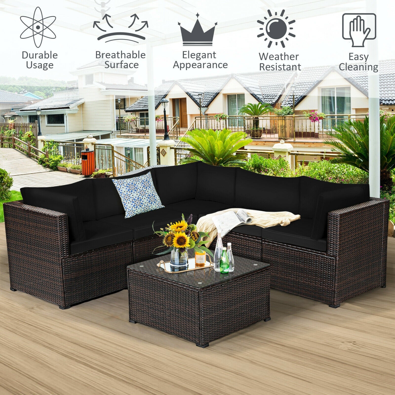 6 Pieces Patio Furniture Sofa Set with Cushions for Outdoor-Black