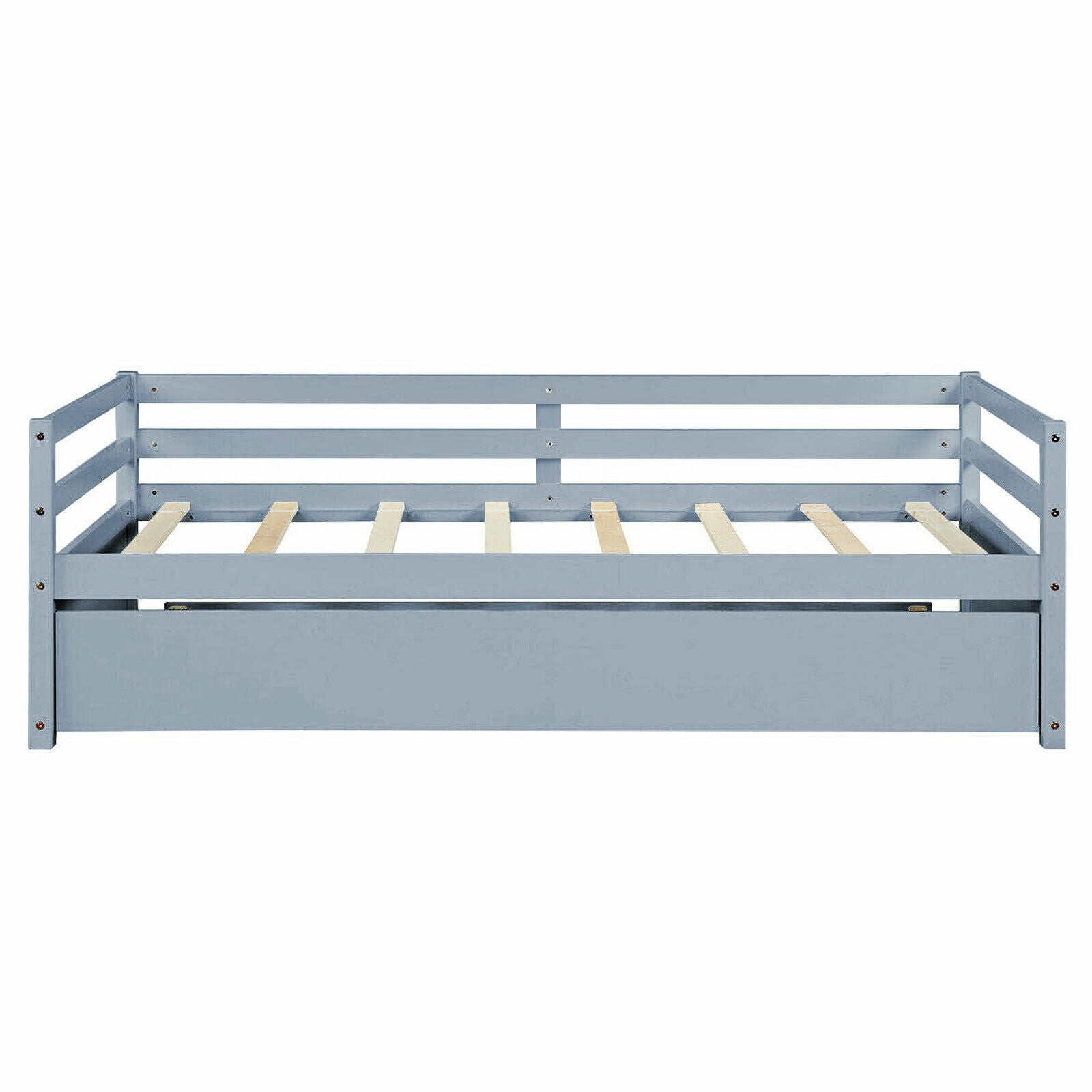 Twin Size Trundle Platform Bed Frame with  Wooden Slat Support-Gray