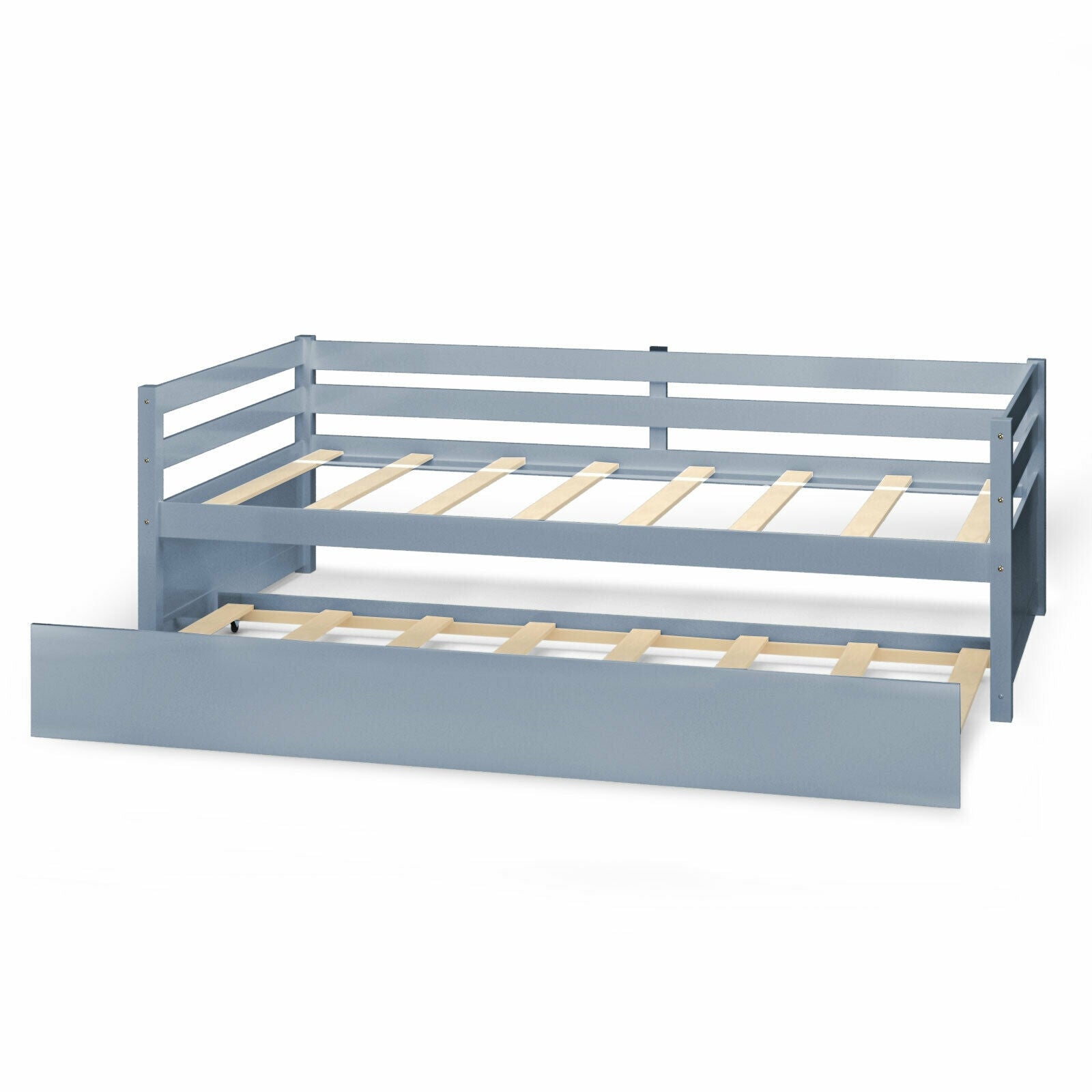 Twin Size Trundle Platform Bed Frame with  Wooden Slat Support-Gray