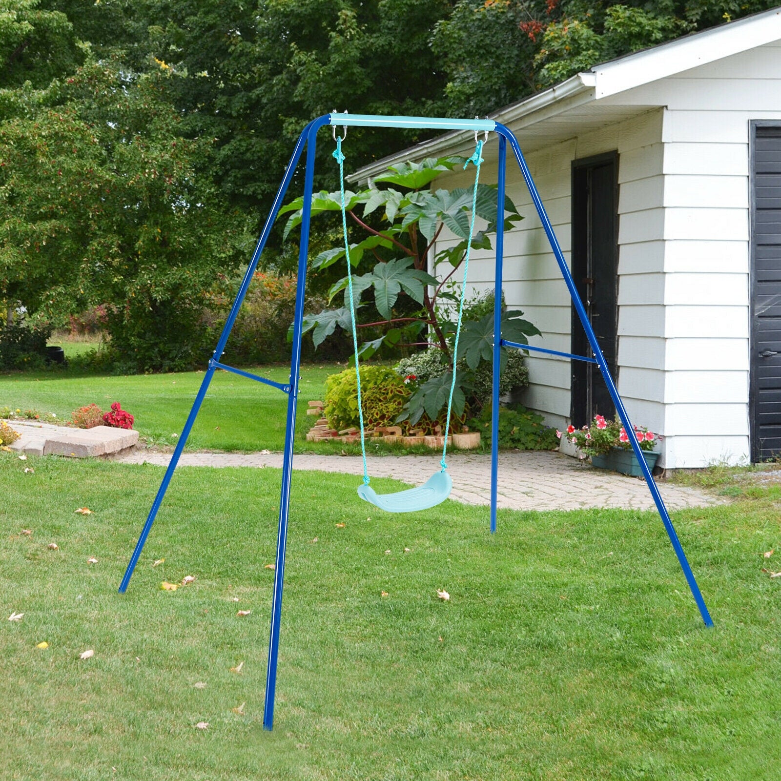 Outdoor Kids Swing Set with Heavy-Duty Metal A-Frame and Ground Stakes-Blue