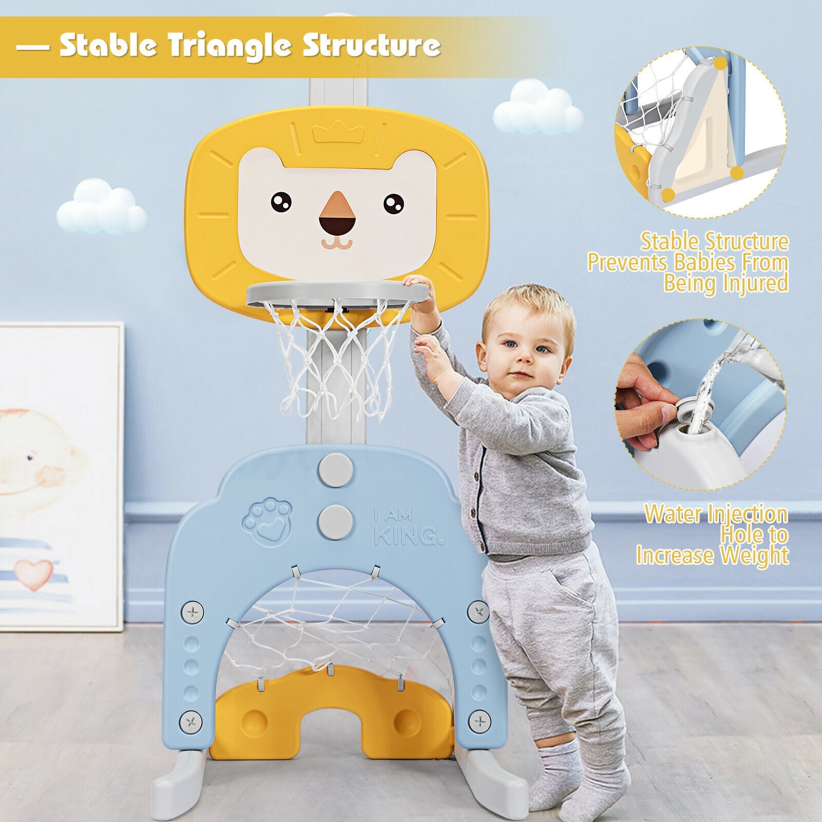 3-in-1 Adjustable Kids Basketball Hoop Sports Set-Yellow