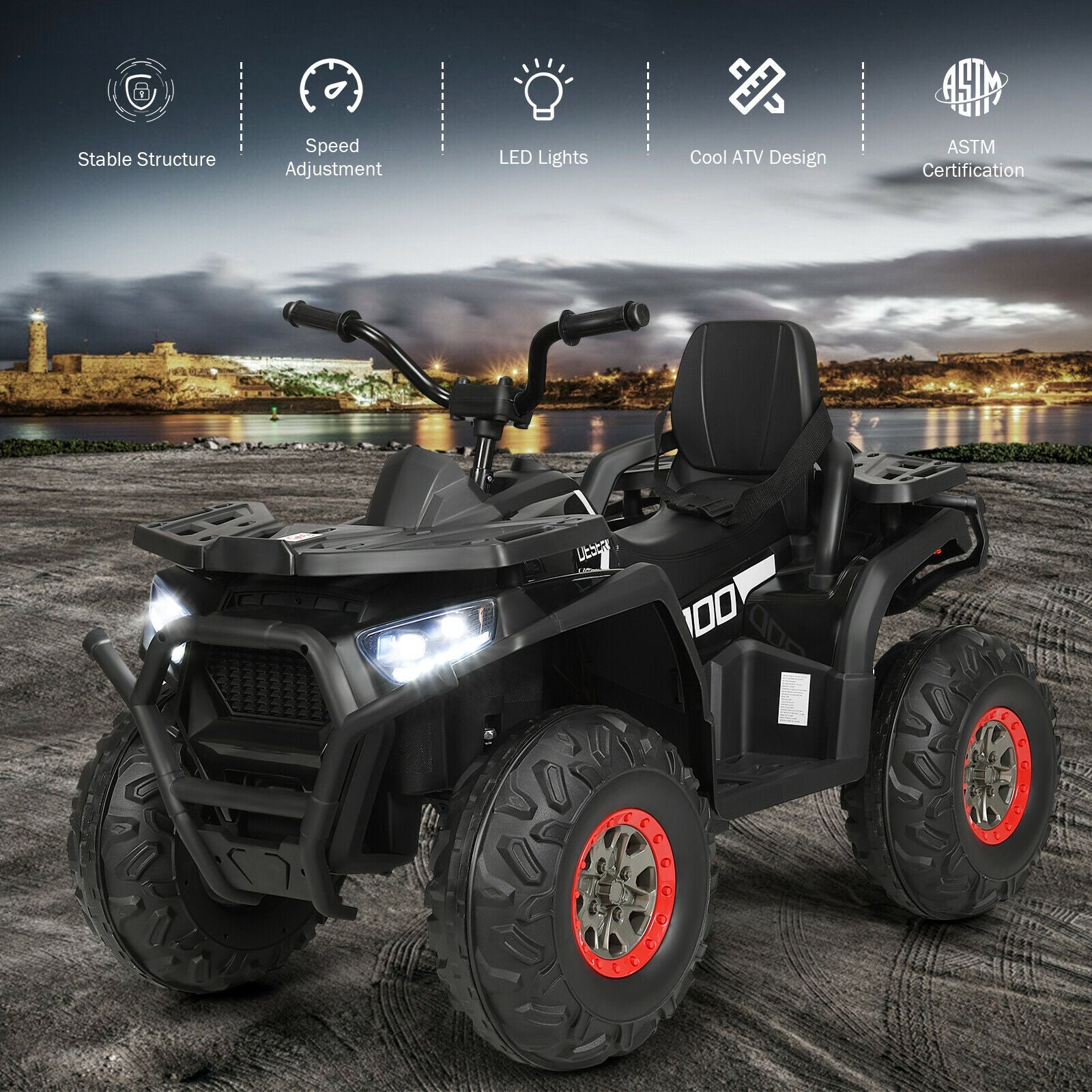 12 V Kids Electric 4-Wheeler ATV Quad with MP3 and LED Lights-Black