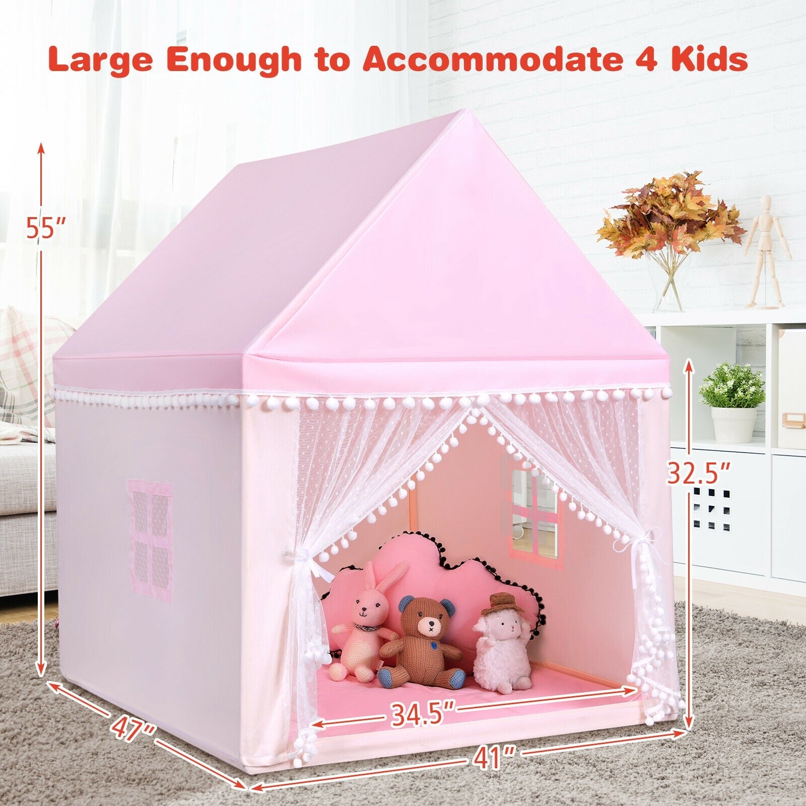 Kids Play Tent Large Playhouse Children Play Castle Fairy Tent Gift with Mat-Pink