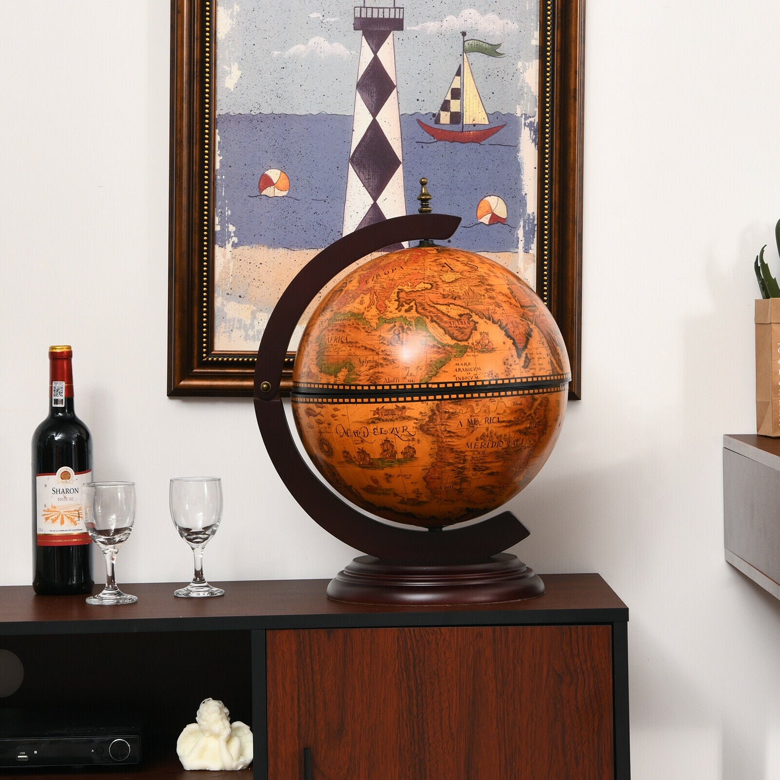 19 Inch 16th Century Nautical Map Tabletop Globe Wine Cabinet-Brown 