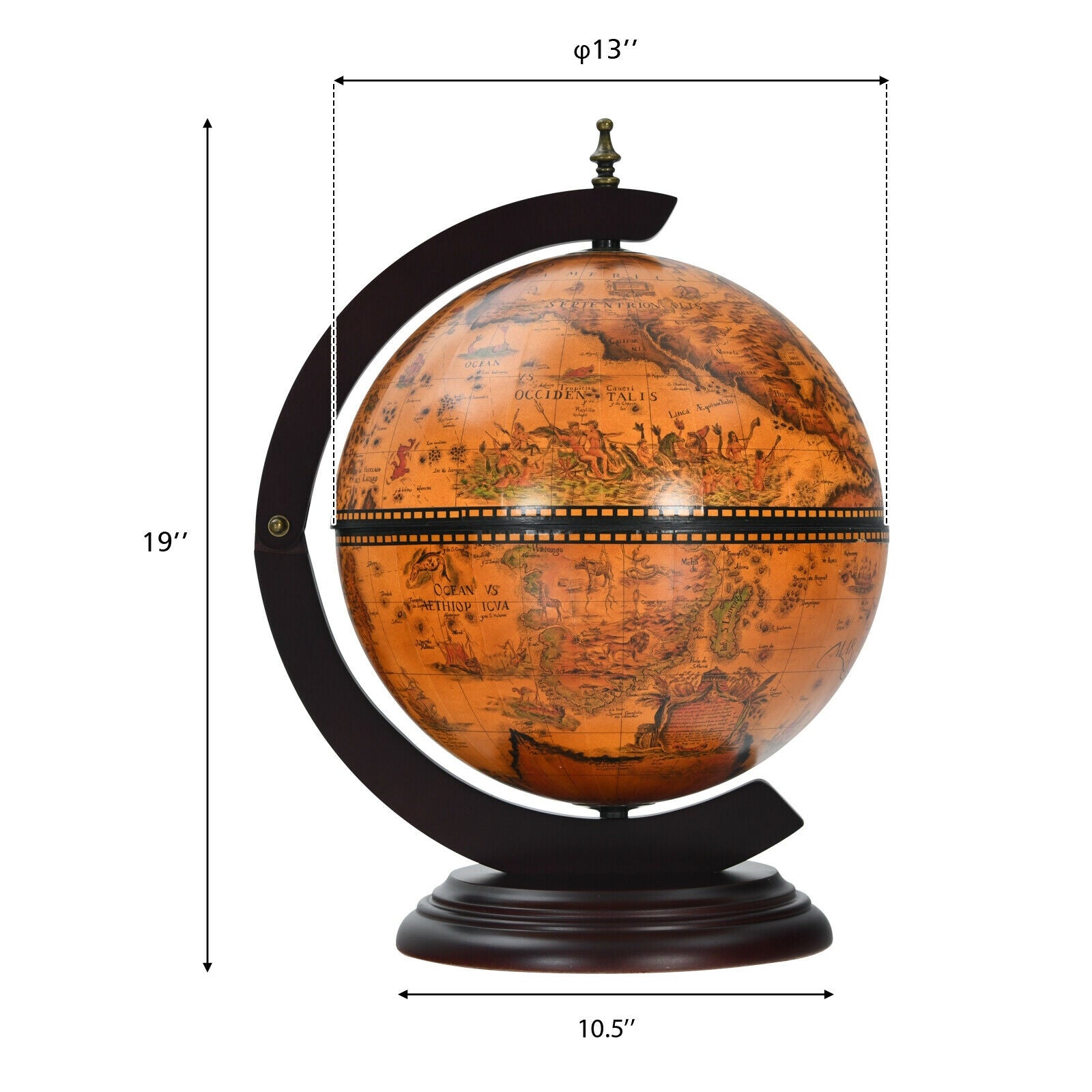 19 Inch 16th Century Nautical Map Tabletop Globe Wine Cabinet-Brown 