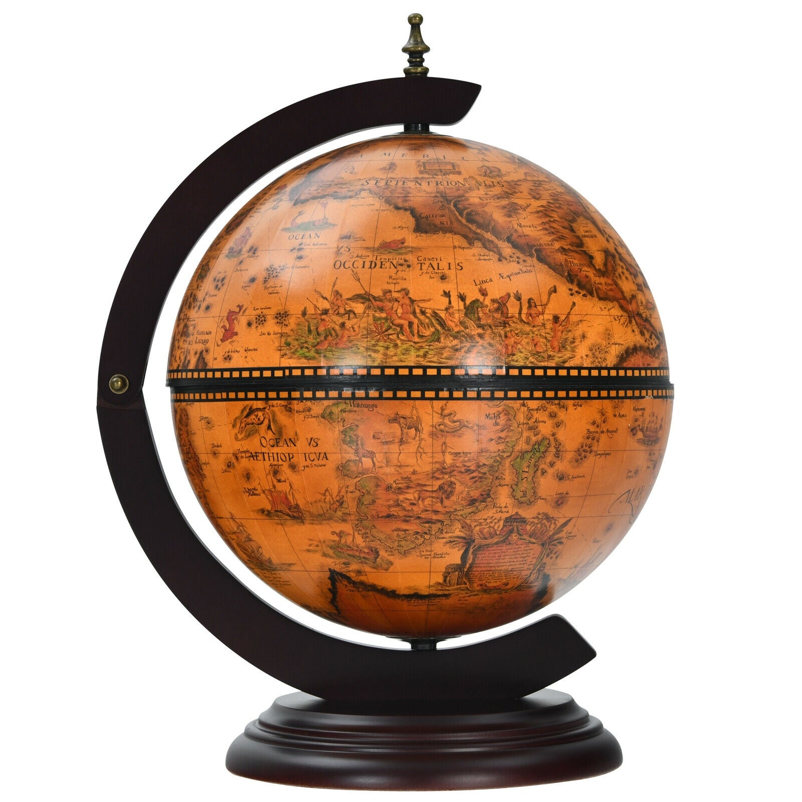 19 Inch 16th Century Nautical Map Tabletop Globe Wine Cabinet-Brown 