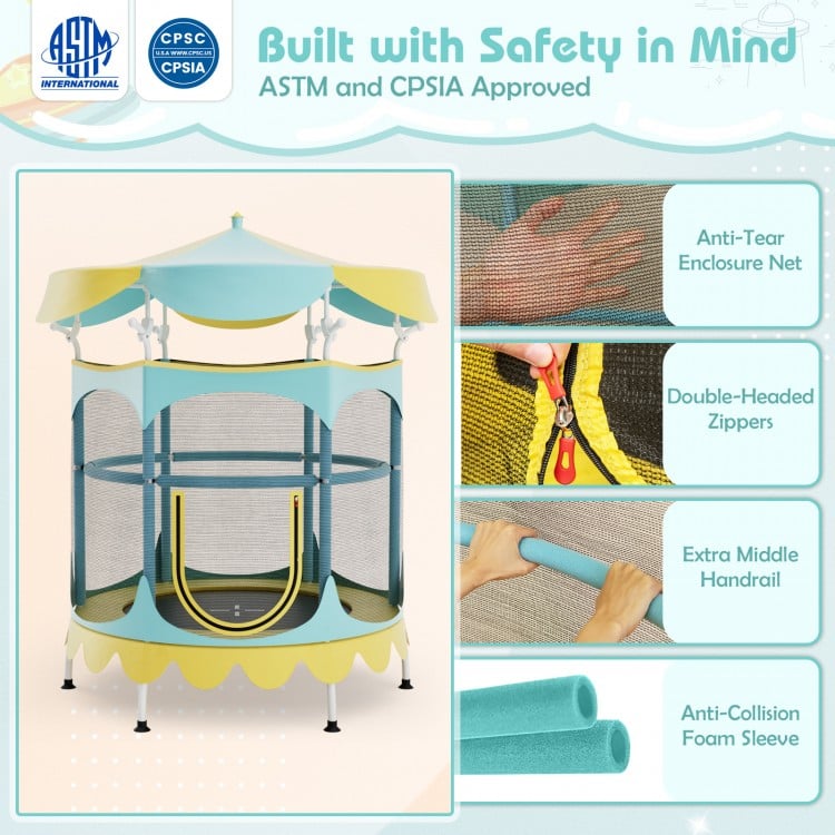 64 Inch Kids Trampoline with Detachable Canopy and Safety Enclosure Net
