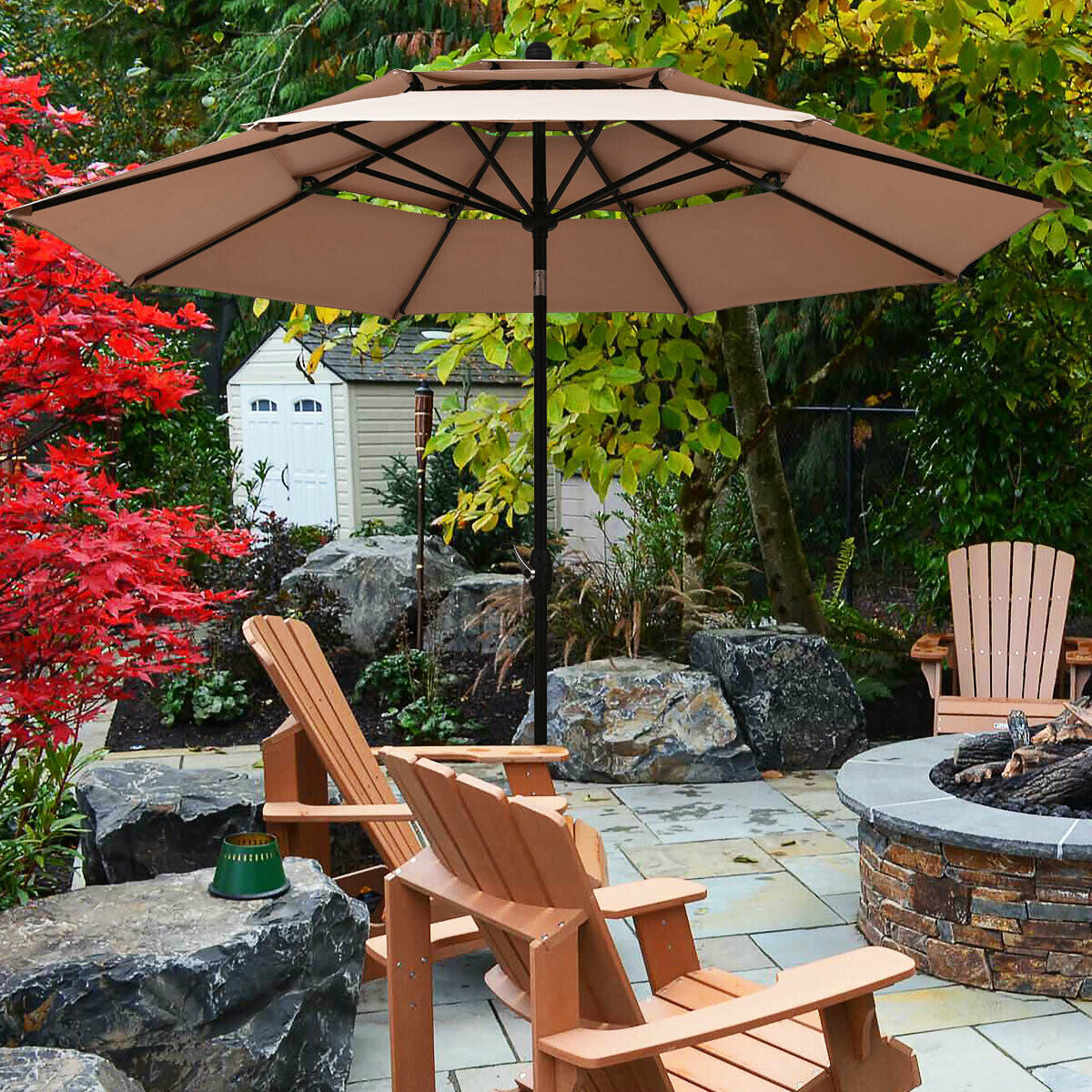 10ft 3 Tier Outdoor Patio Umbrella with Double Vented-Beige