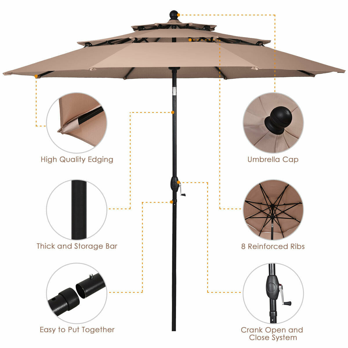 10ft 3 Tier Outdoor Patio Umbrella with Double Vented-Beige