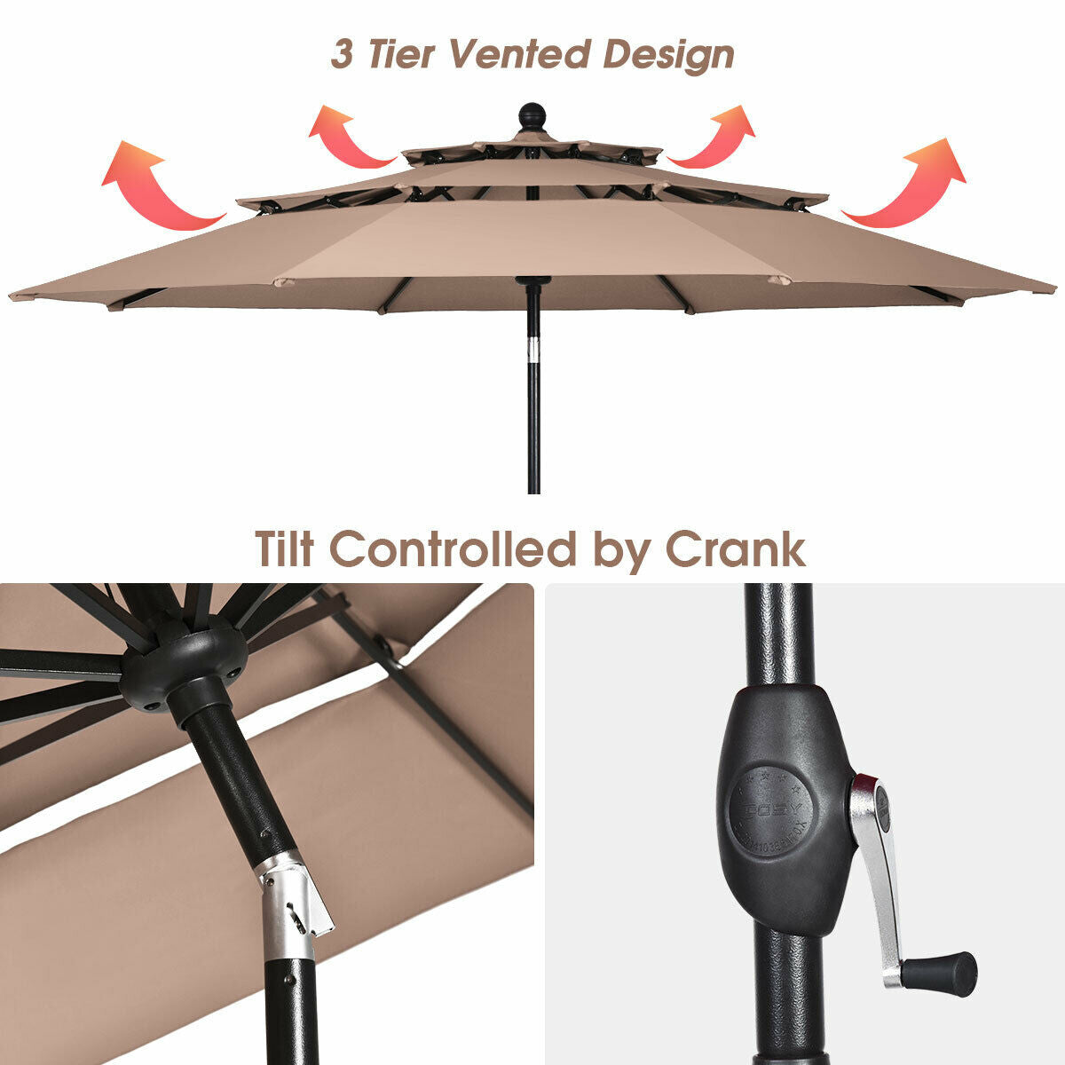 10ft 3 Tier Outdoor Patio Umbrella with Double Vented-Beige