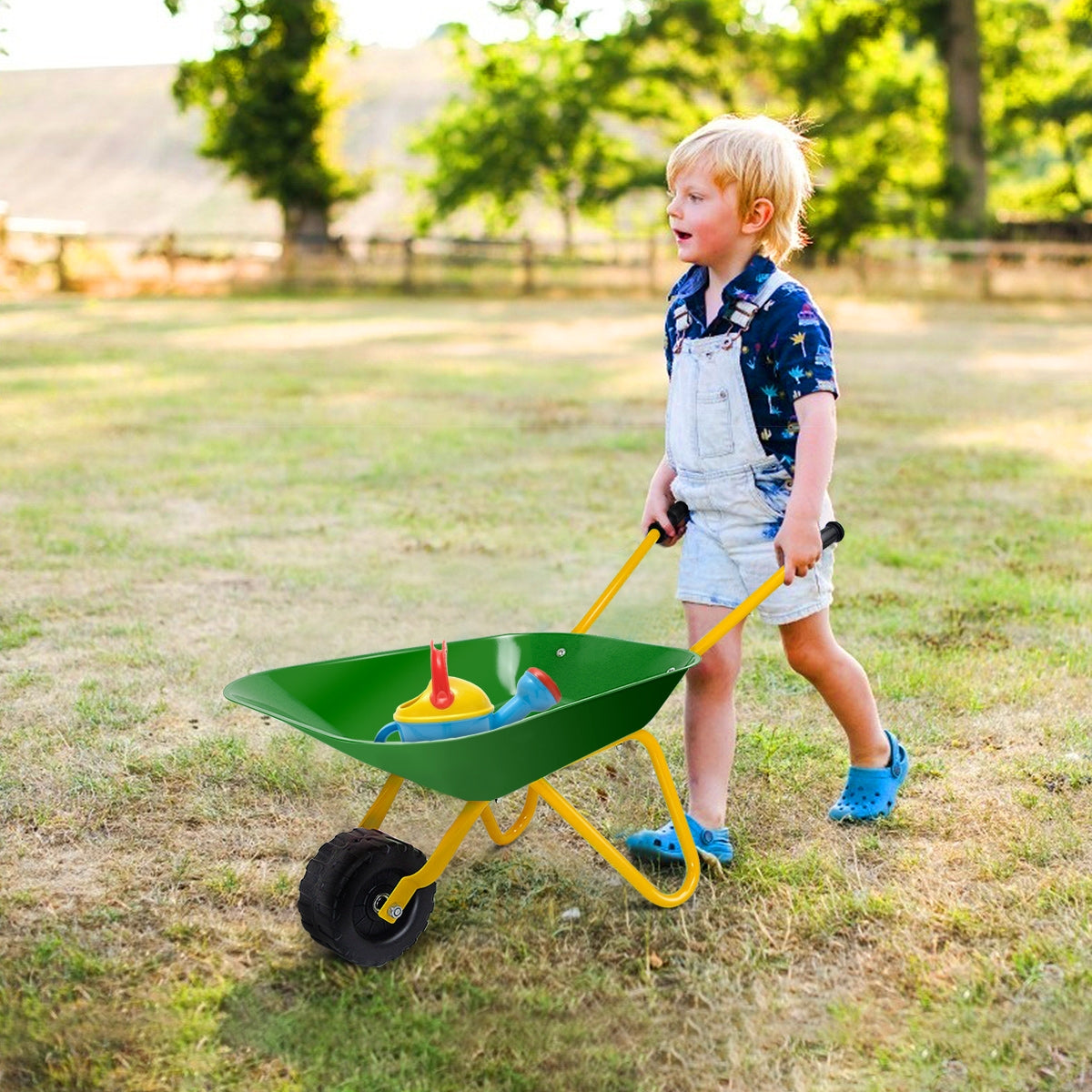 Outdoor Garden Backyard Play Toy Kids Metal Wheelbarrow-GreenÂ 