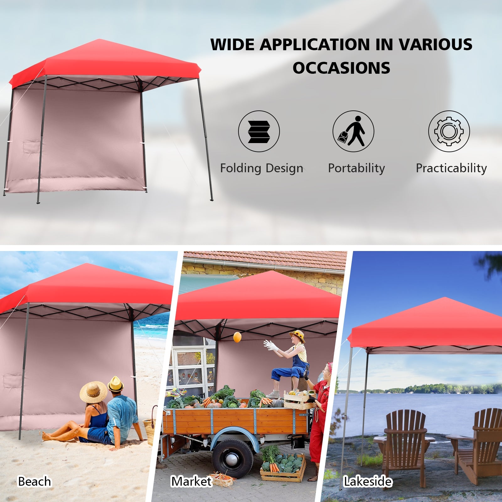 10 x 10 Feet Pop Up Tent Slant Leg Canopy with Detachable Side Wall-Red