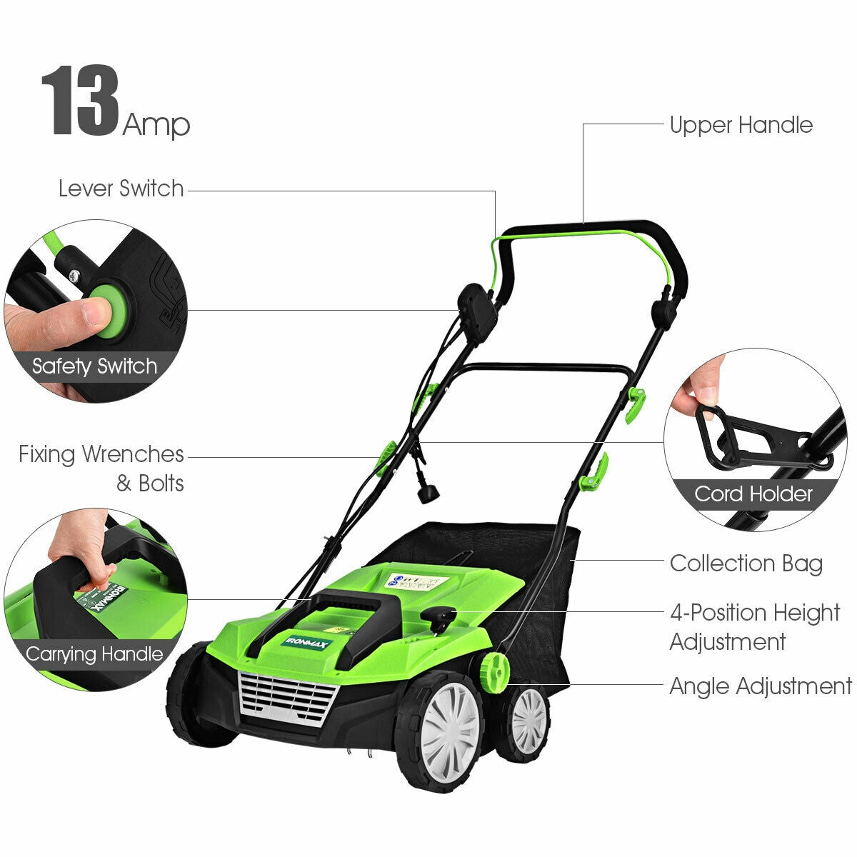 15 Inch 13 Amp Electric Scarifier with Collection Bag and Removable Blades-Green