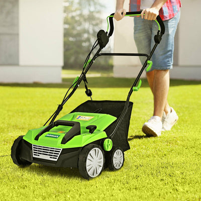 15 Inch 13 Amp Electric Scarifier with Collection Bag and Removable Blades-Green 