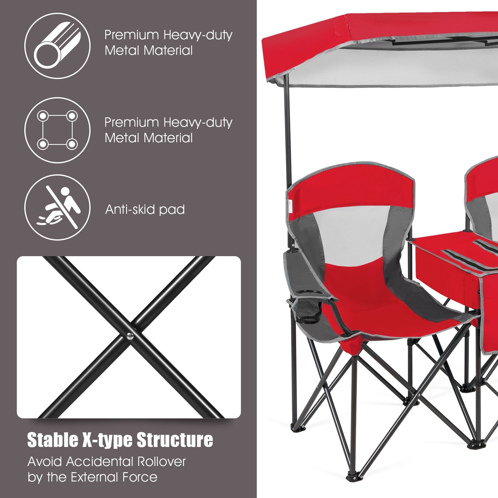 Portable Folding Camping Canopy Chairs with Cup Holder-Red