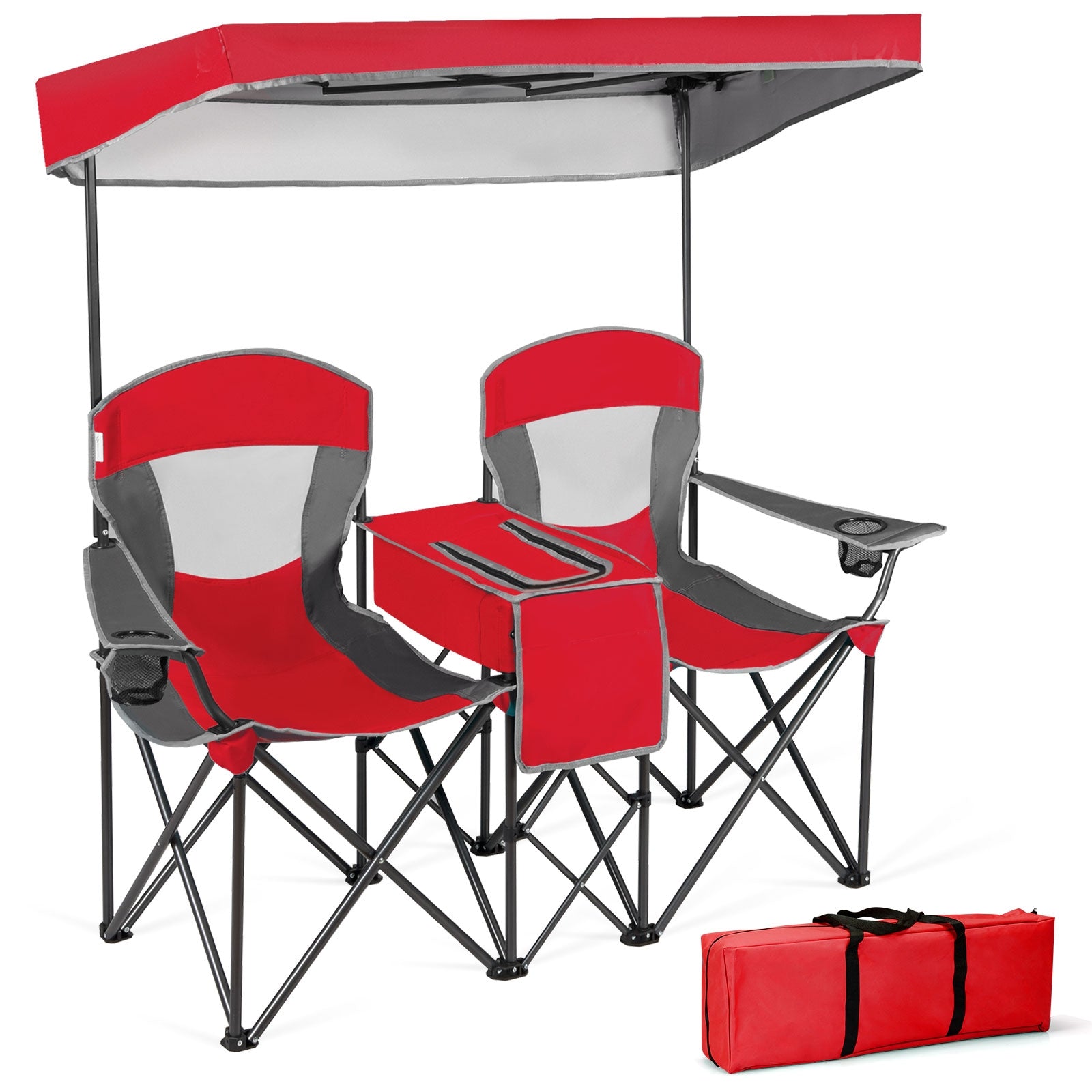 Portable Folding Camping Canopy Chairs with Cup Holder-Red