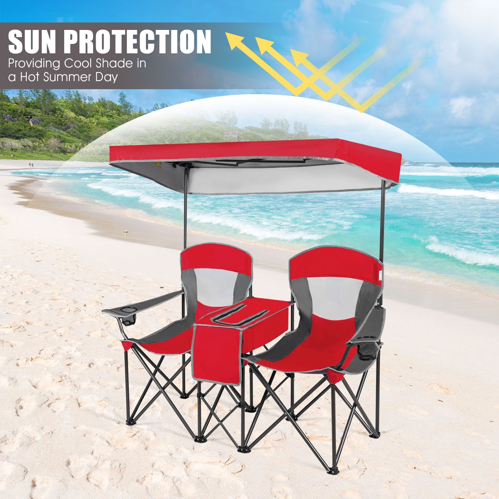 Portable Folding Camping Canopy Chairs with Cup Holder-Red