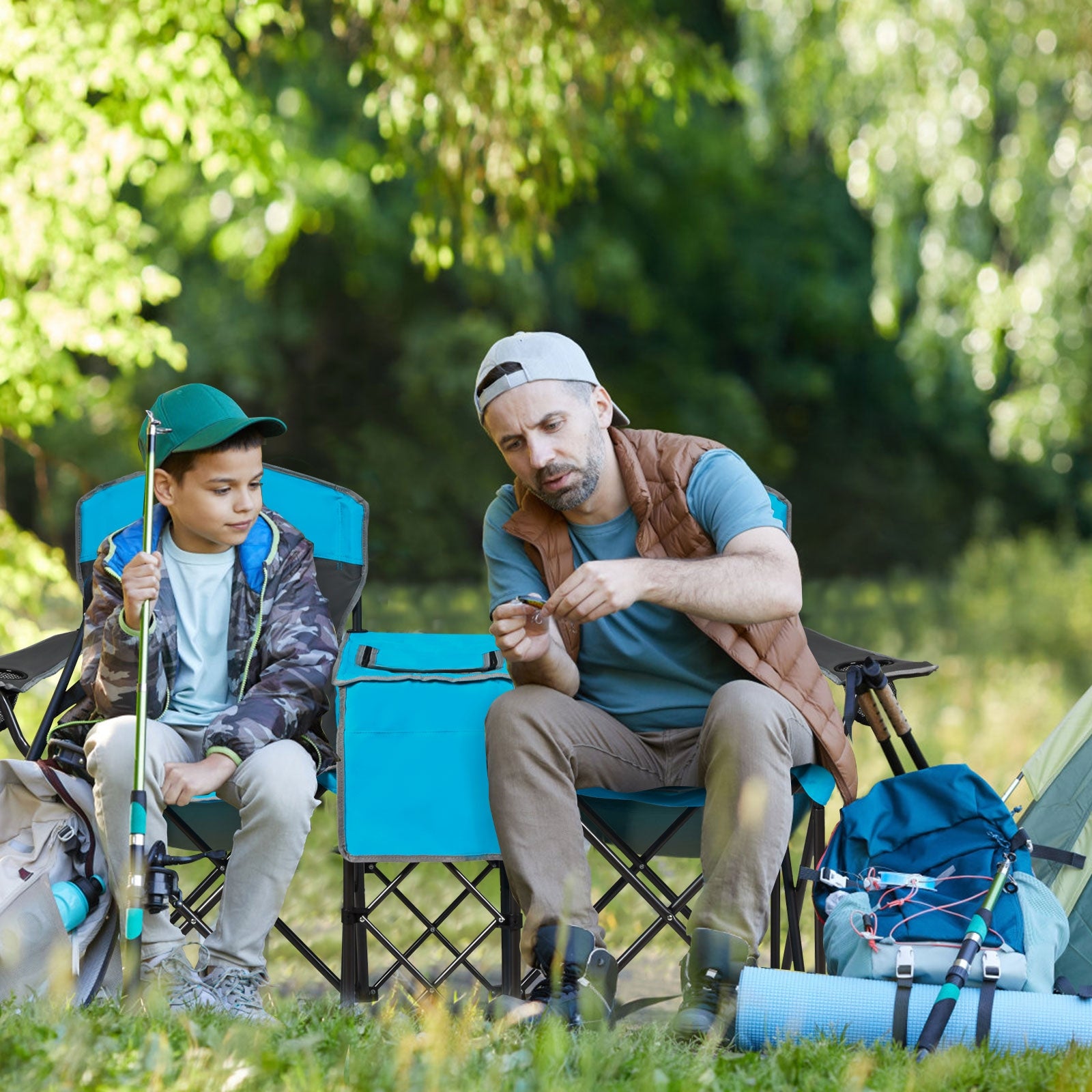 Portable Folding Camping Canopy Chairs with Cup Holder-Blue