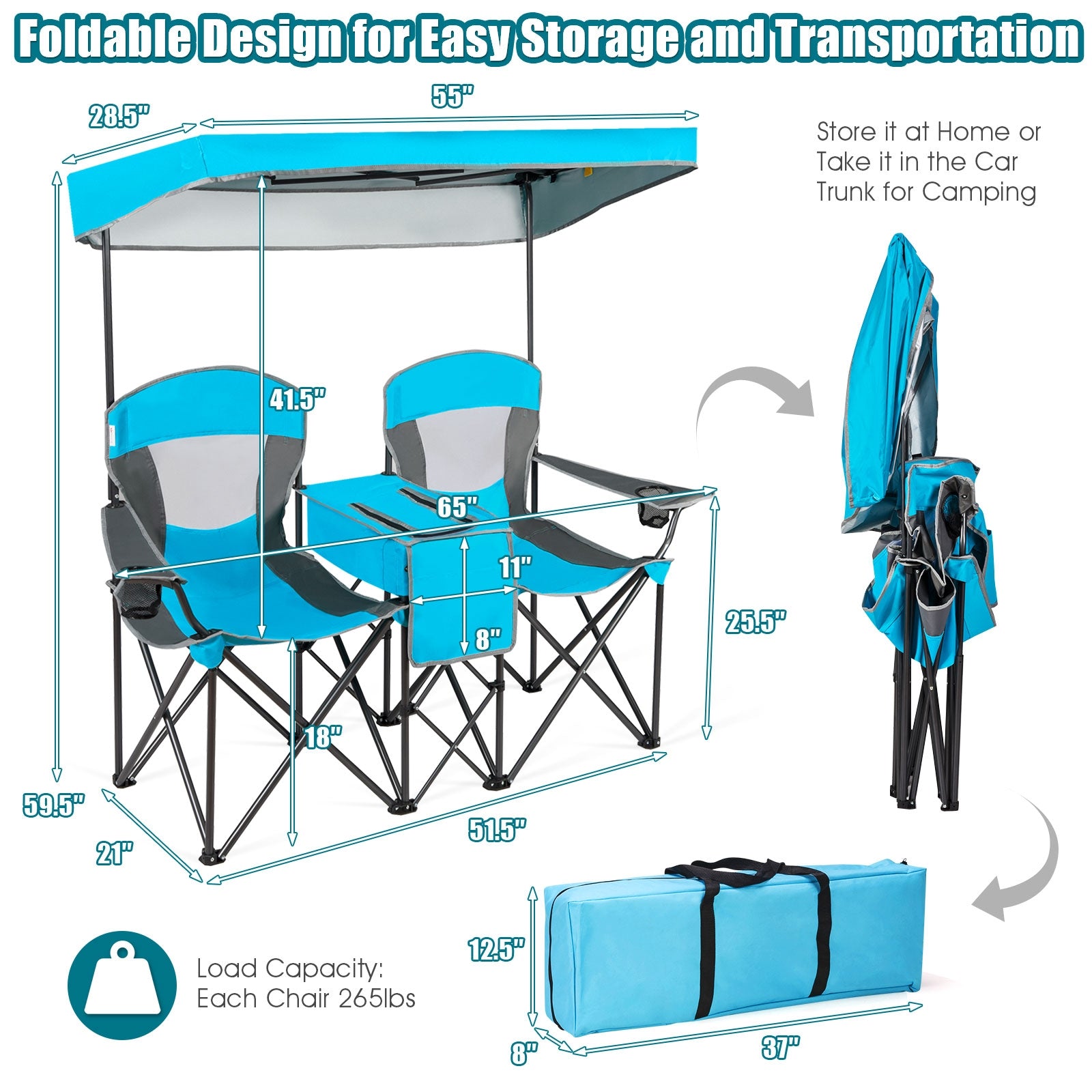 Portable Folding Camping Canopy Chairs with Cup Holder-Blue