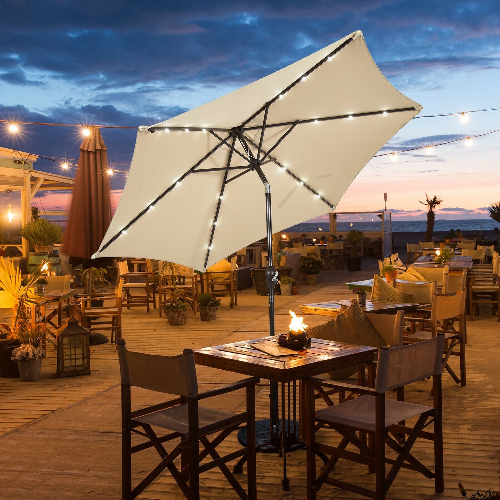 9' Solar LED Lighted Patio Market Umbrella Tilt Adjustment Crank Lift -Beige