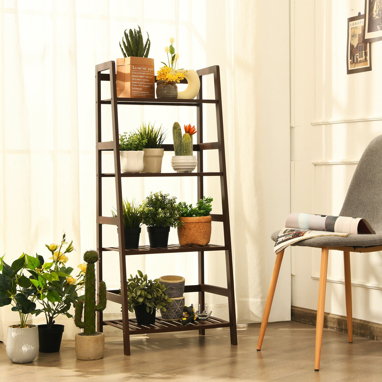 4-Tier Bamboo Plant Rack with Guardrails Stable and Space-Saving-Brown