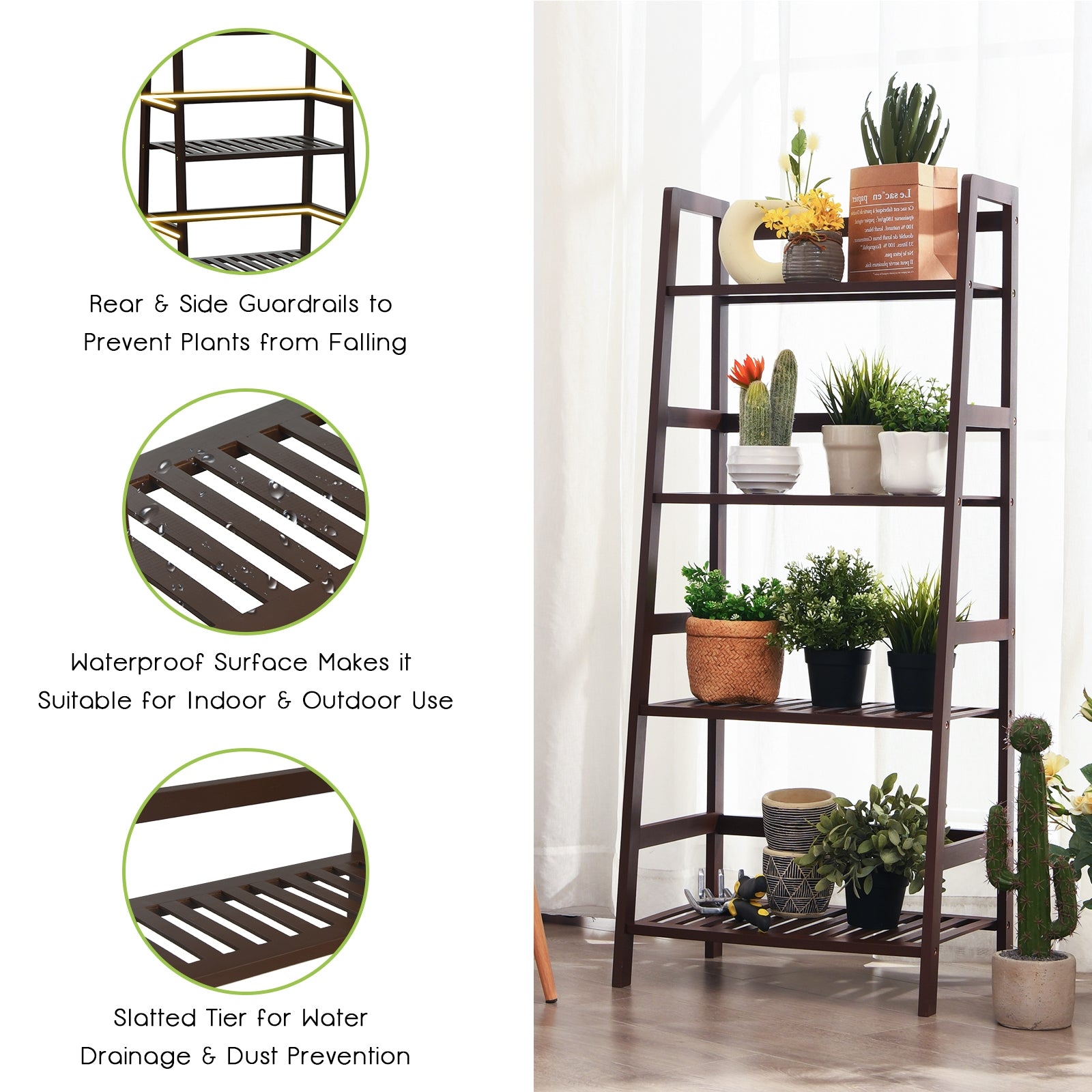 4-Tier Bamboo Plant Rack with Guardrails Stable and Space-Saving-Brown