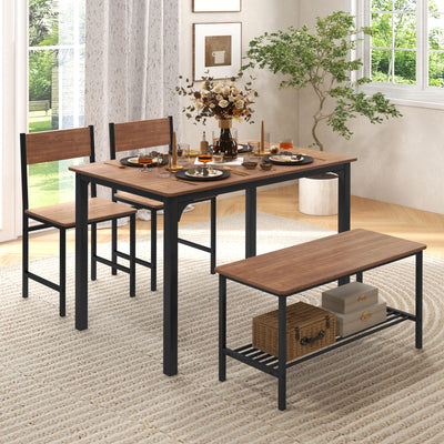 4 Pieces Rustic Dining Table Set with 2 Chairs and Bench-Brown 