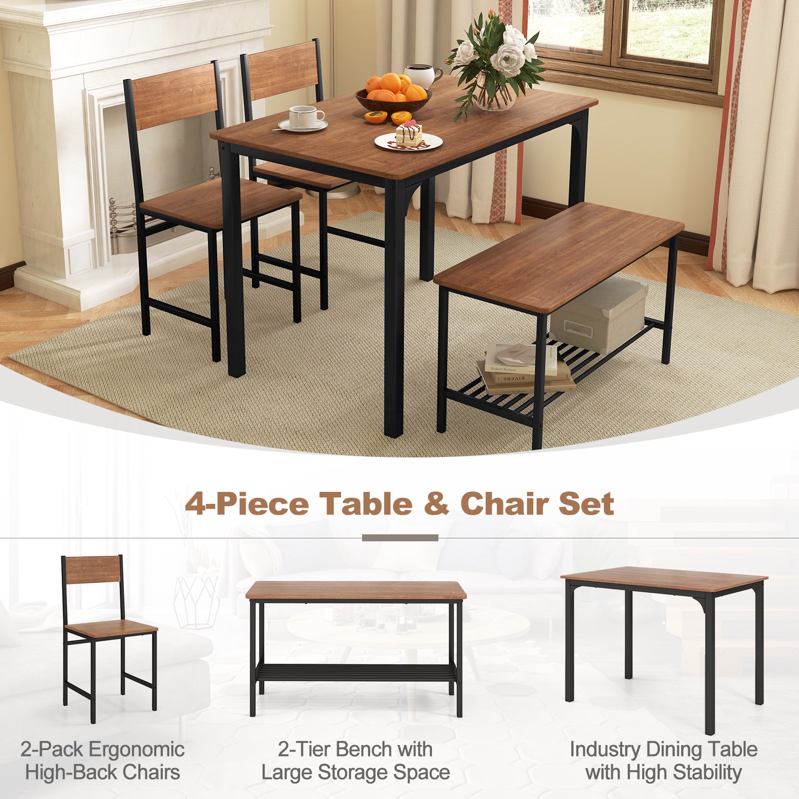 4 Pieces Rustic Dining Table Set with 2 Chairs and Bench-Brown