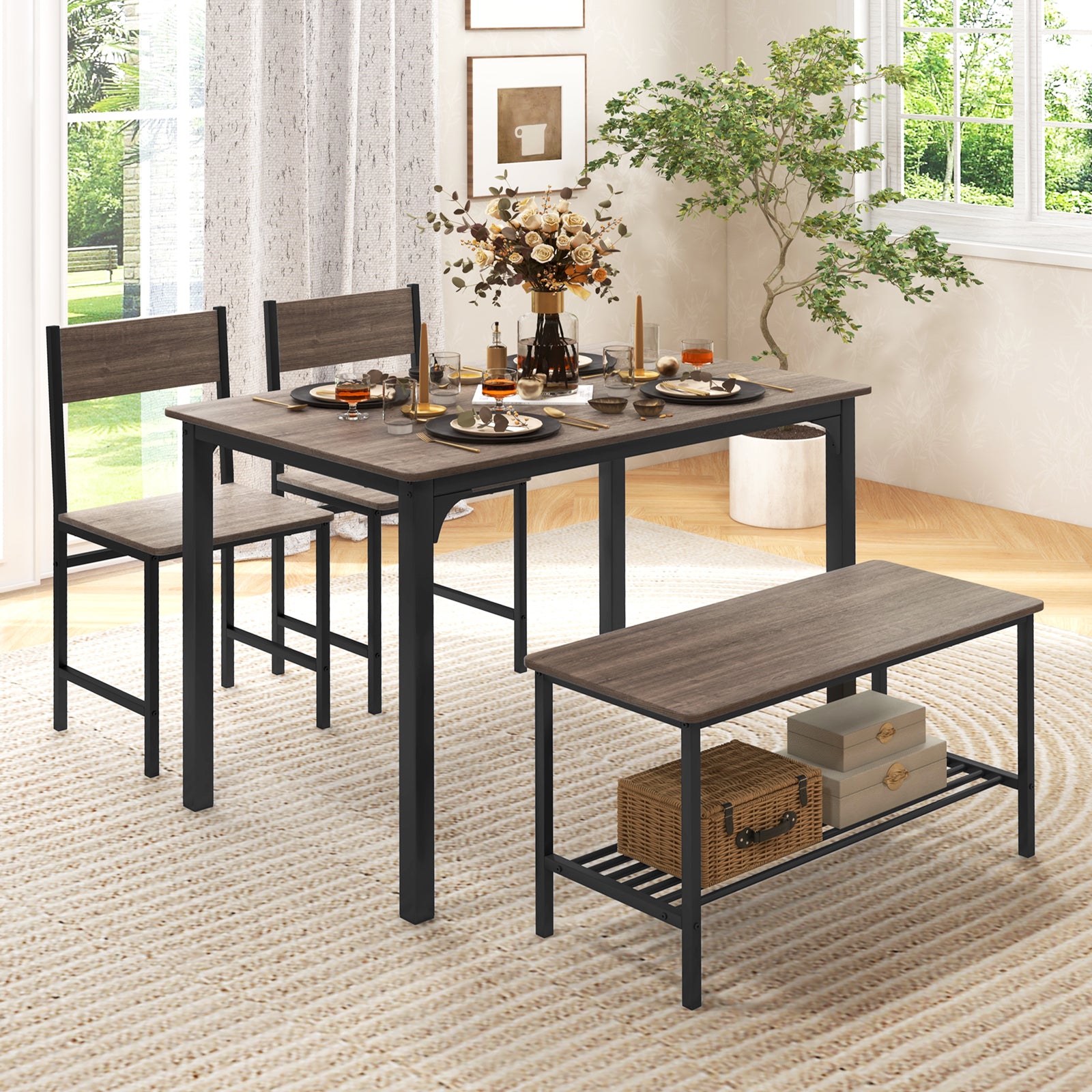 4 Pieces Rustic Dining Table Set with 2 Chairs and Bench-Gray