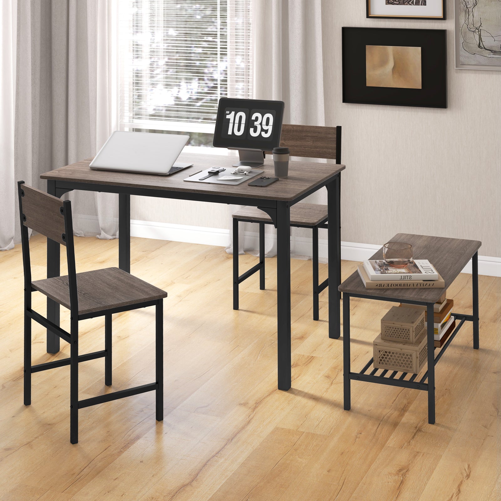 4 Pieces Rustic Dining Table Set with 2 Chairs and Bench-Gray