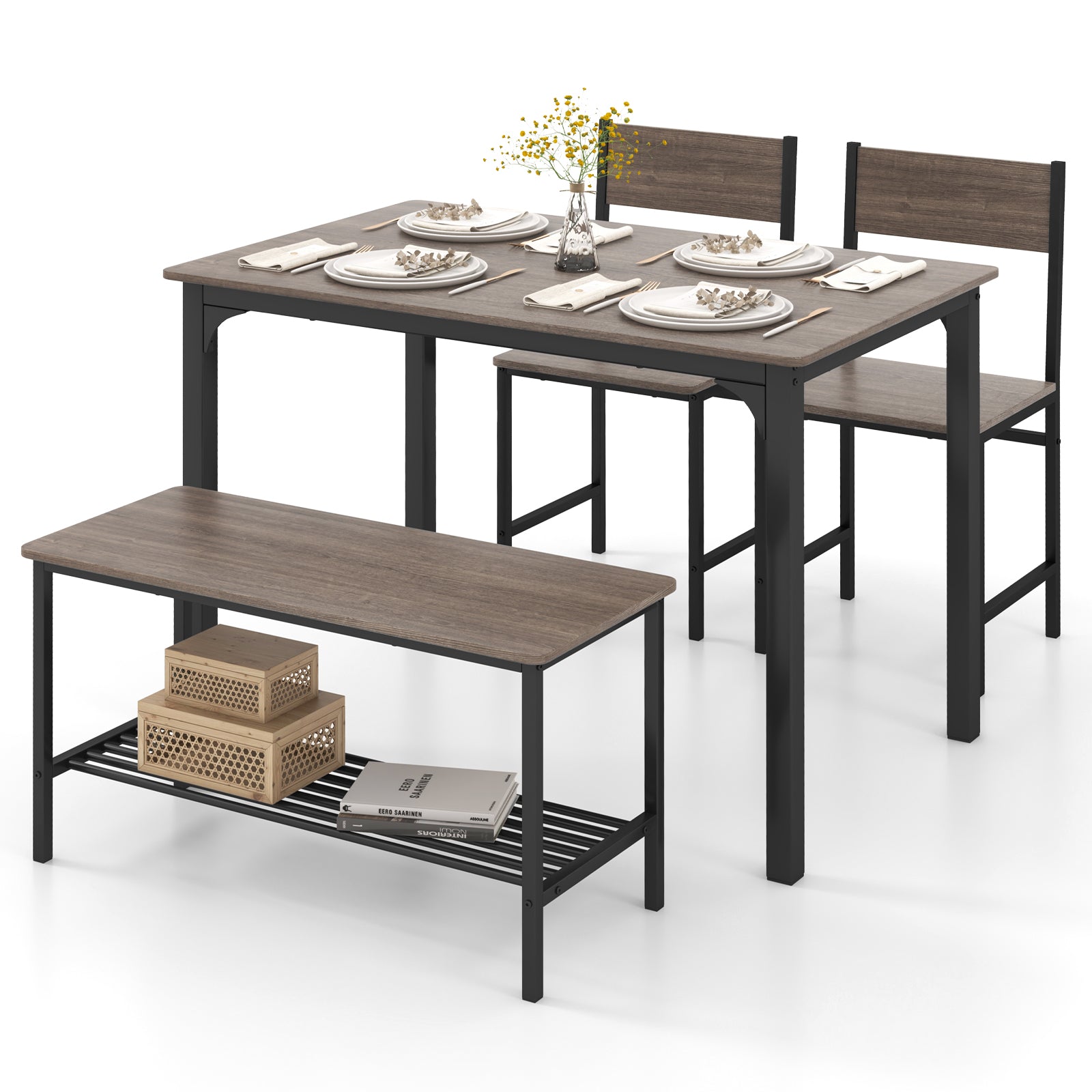 4 Pieces Rustic Dining Table Set with 2 Chairs and Bench-Gray 