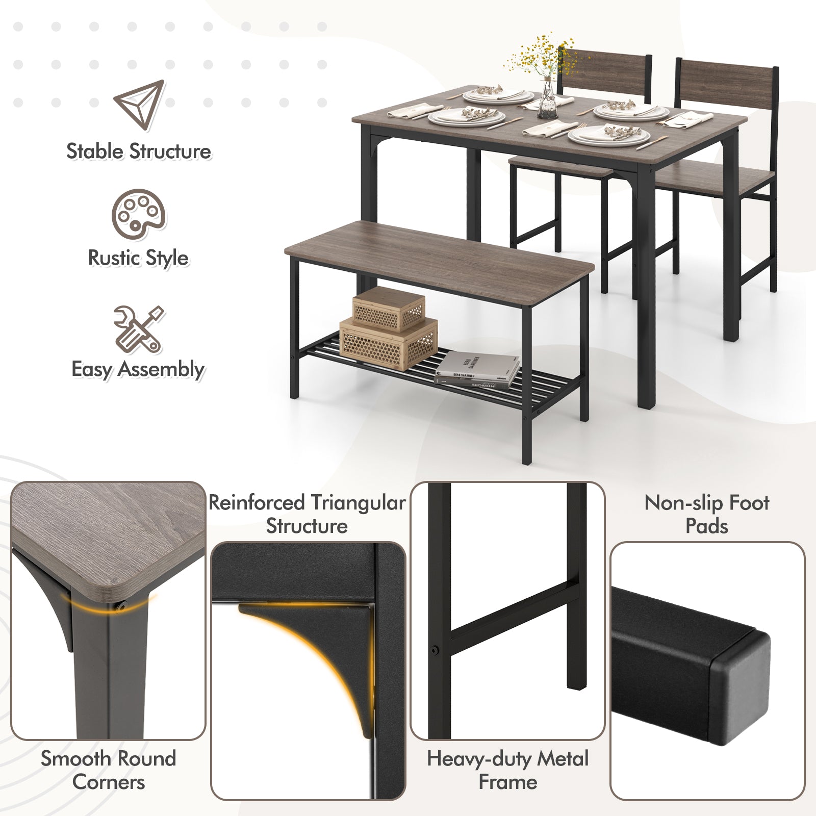 4 Pieces Rustic Dining Table Set with 2 Chairs and Bench-Gray 