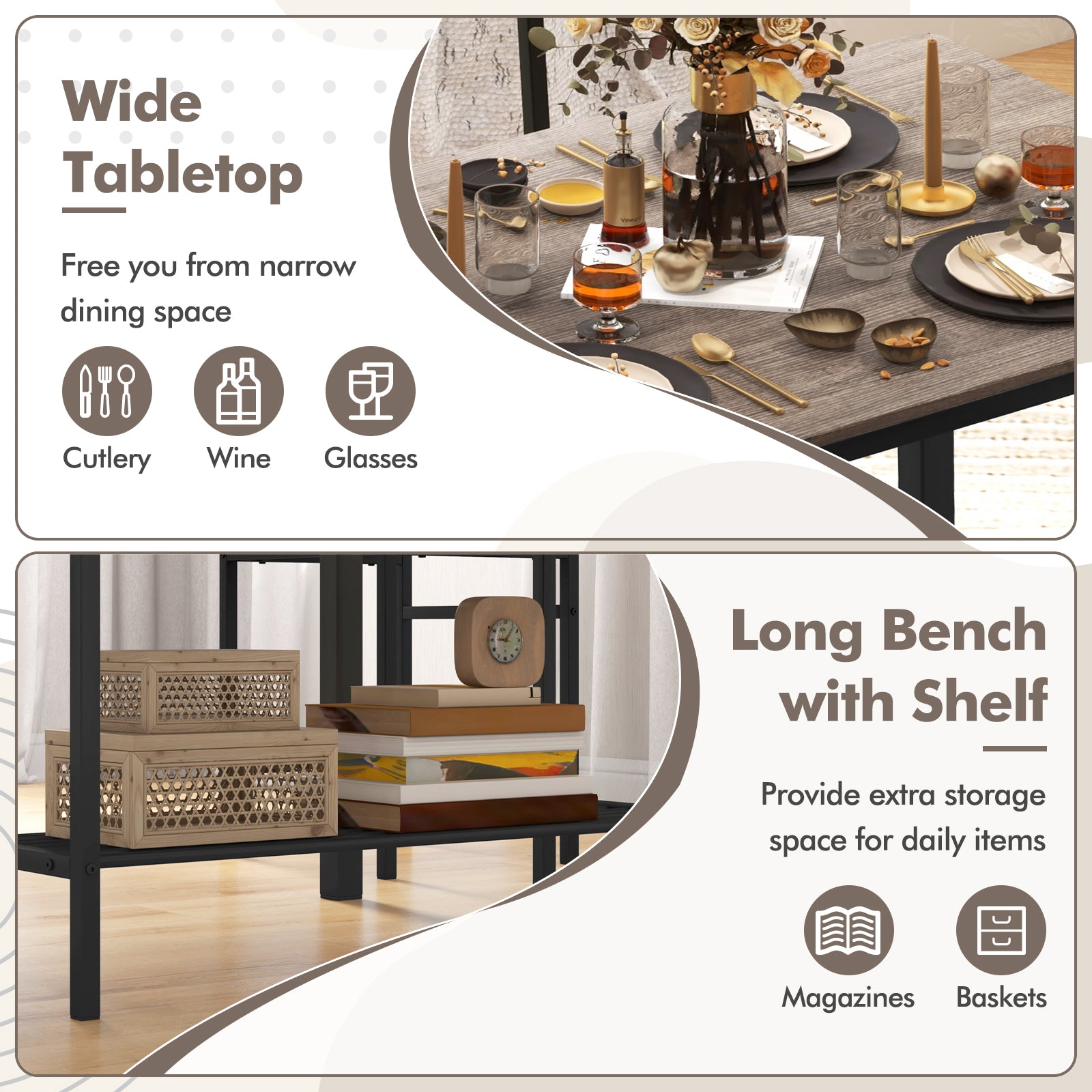 4 Pieces Rustic Dining Table Set with 2 Chairs and Bench-Gray 