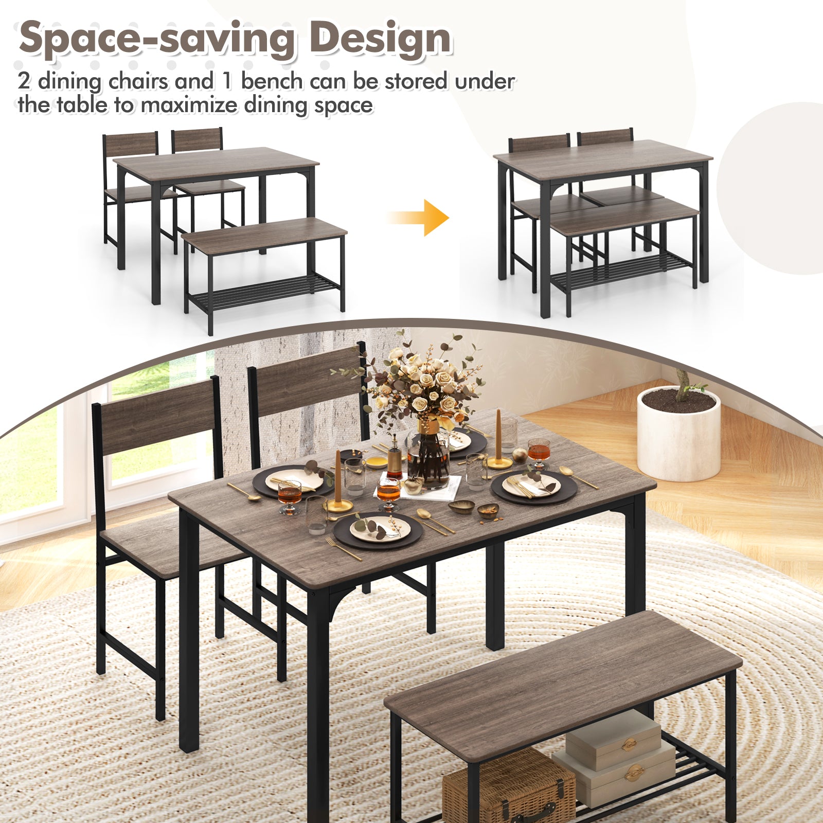 4 Pieces Rustic Dining Table Set with 2 Chairs and Bench-Gray 