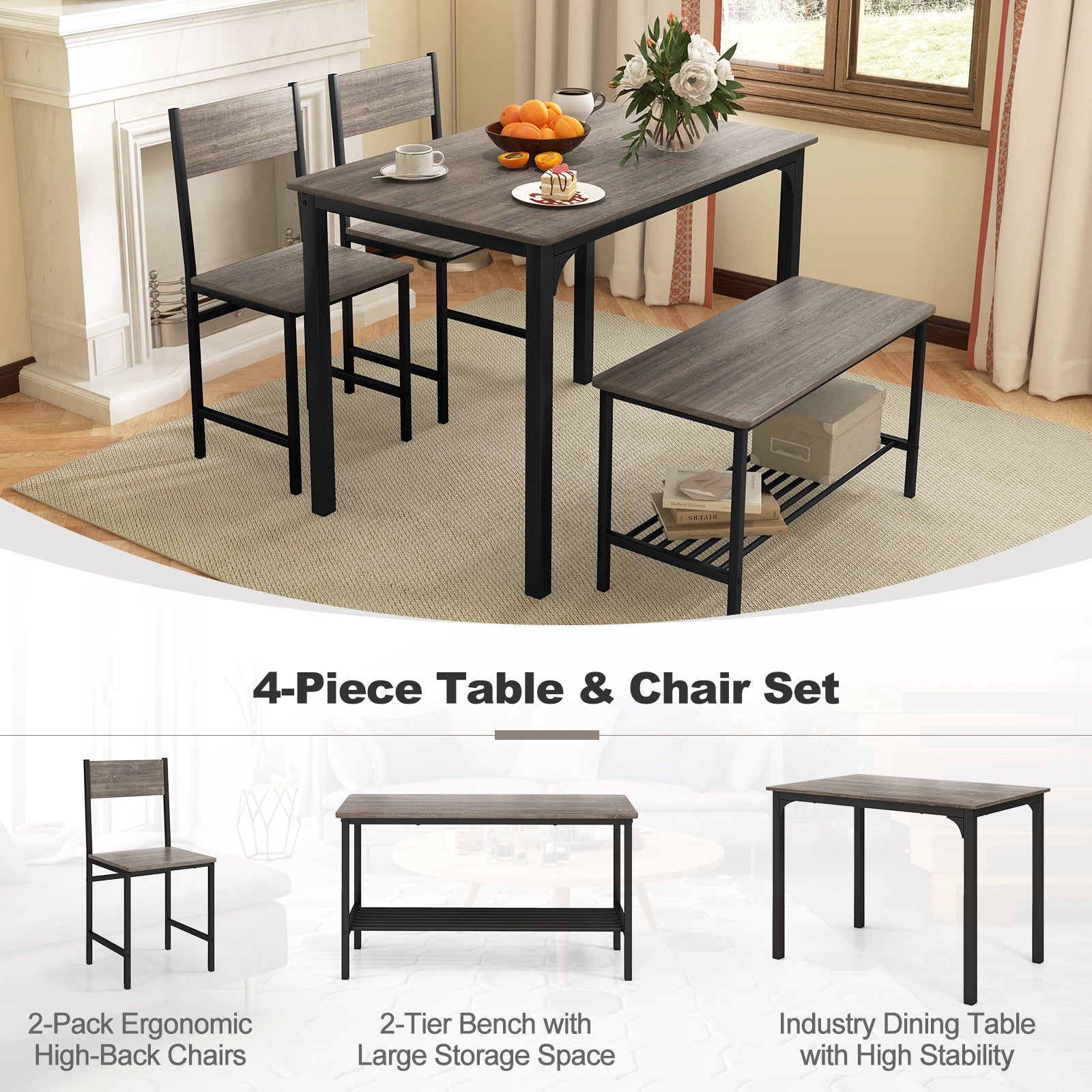 4 Pieces Rustic Dining Table Set with 2 Chairs and Bench-Gray 