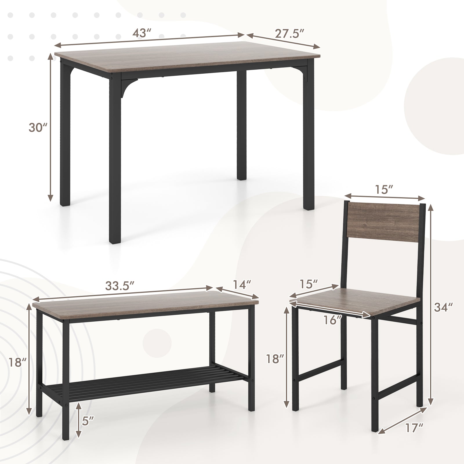 4 Pieces Rustic Dining Table Set with 2 Chairs and Bench-Gray 