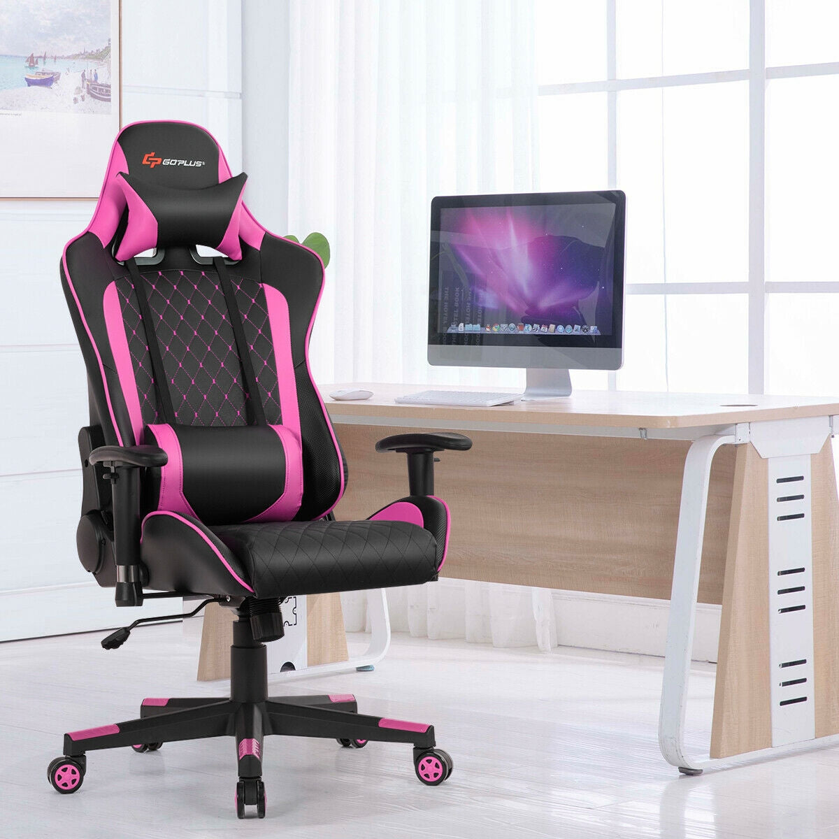 Massage Gaming Chair with Lumbar Support and Headrest-PinkÂ 