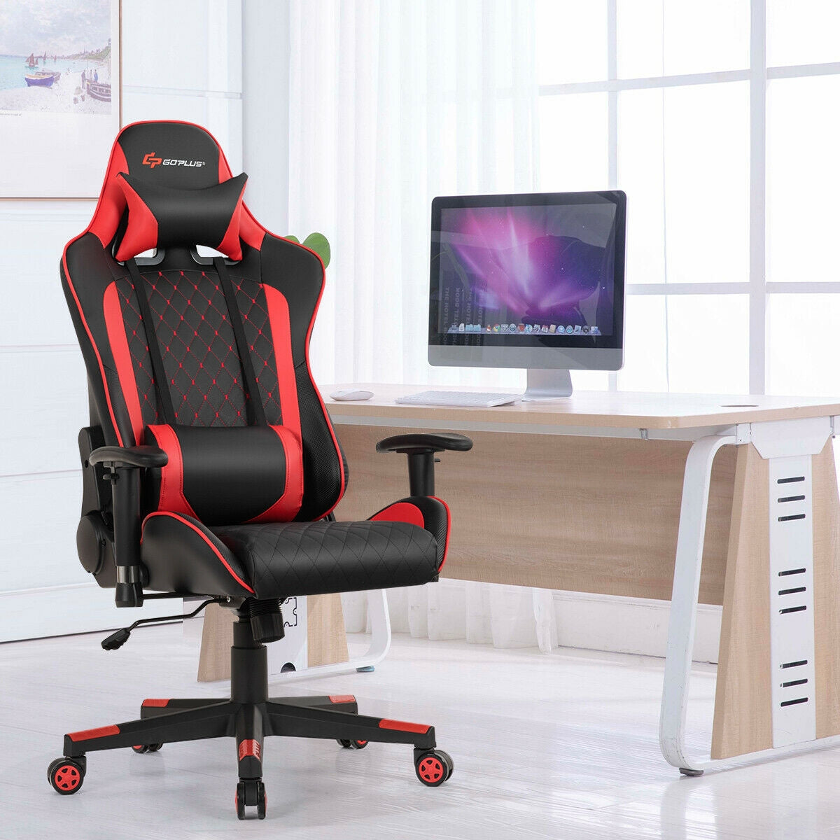 Massage Gaming Chair with Lumbar Support and Headrest-RedÂ 