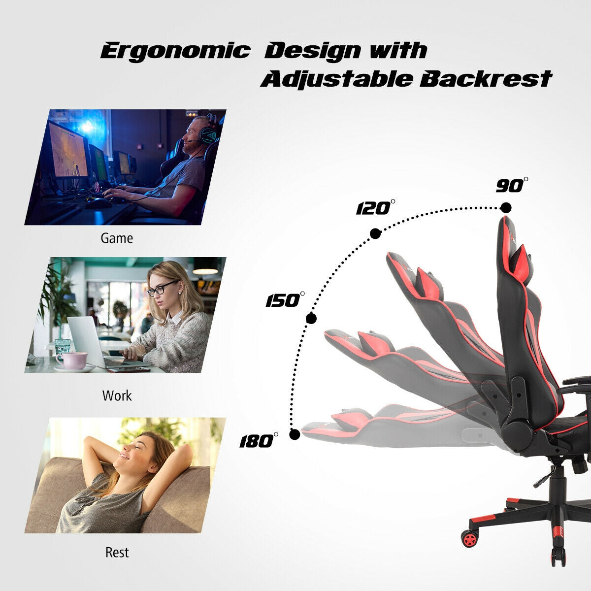 Massage Gaming Chair with Lumbar Support and Headrest-RedÂ 