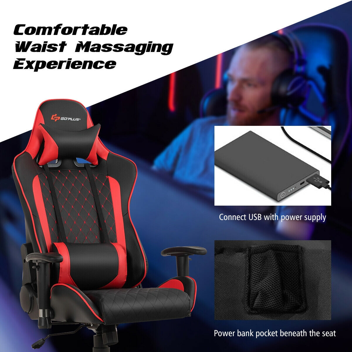 Massage Gaming Chair with Lumbar Support and Headrest-RedÂ 