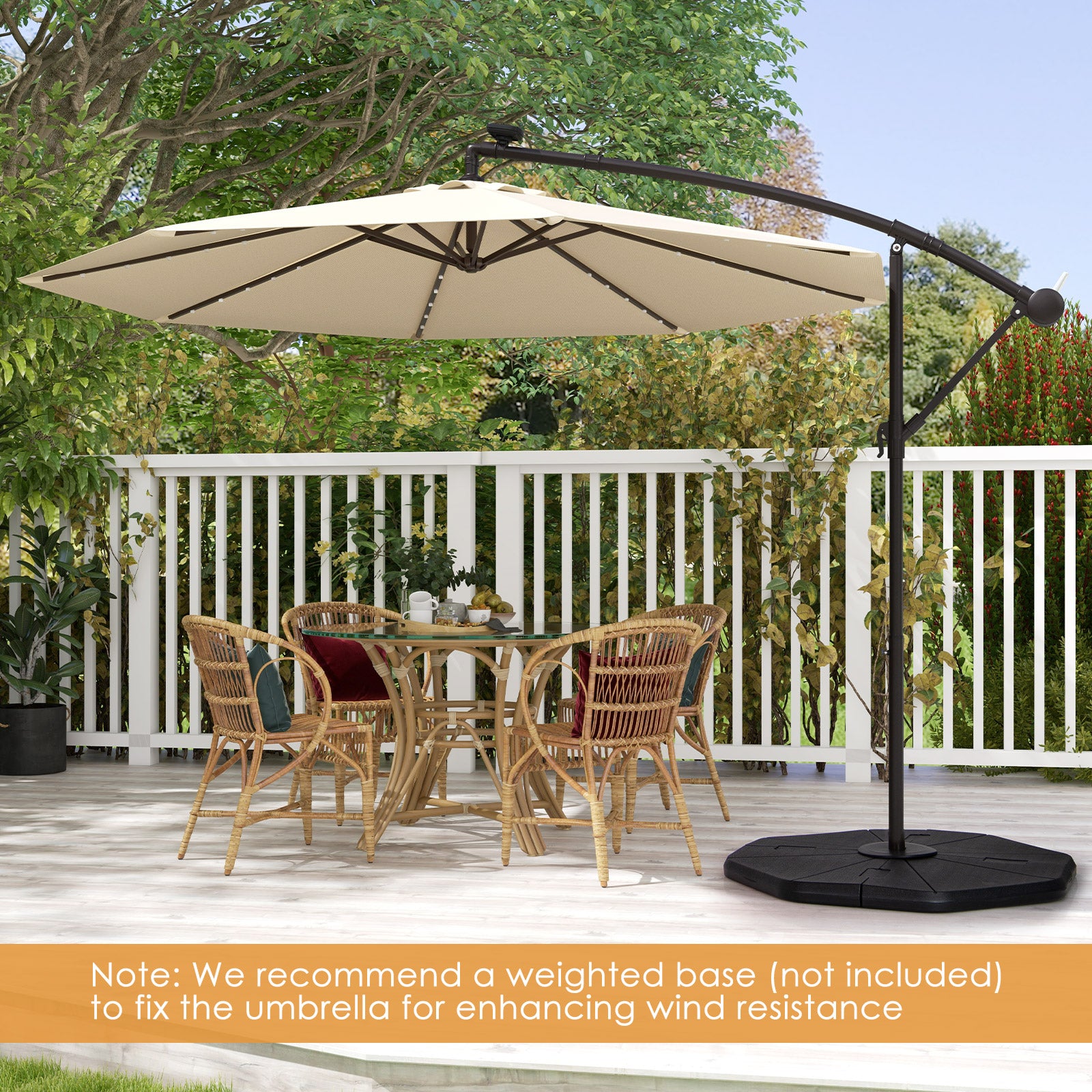 10 Feet Solar Offset Hanging Umbrella with 40 Lamp Beads and Solar Panel-Beige 