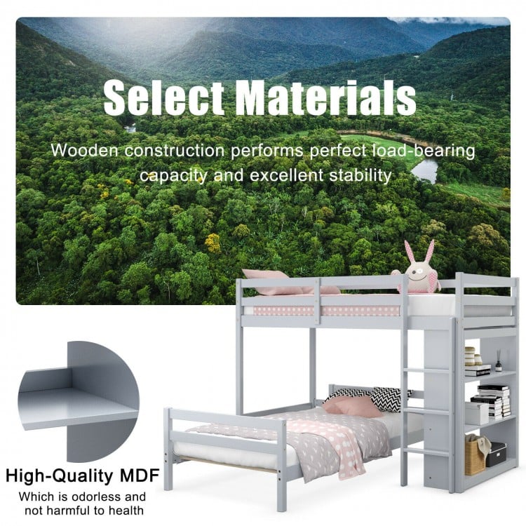 Twin Over Twin Loft Bunk Bed with Bookcase-Gray