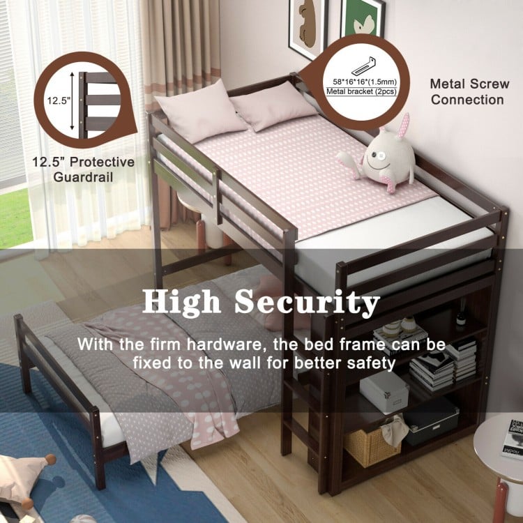 Twin Over Twin Loft Bunk Bed with Bookcase-Espresso