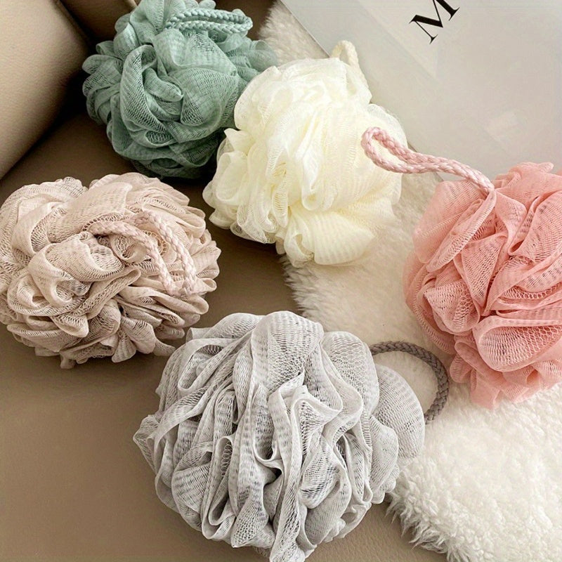 5-Pack Multicolor Mesh Shower Poufs – Soft Bath Sponge Loofahs, Exfoliating Body Scrubber Balls with Rope Handle