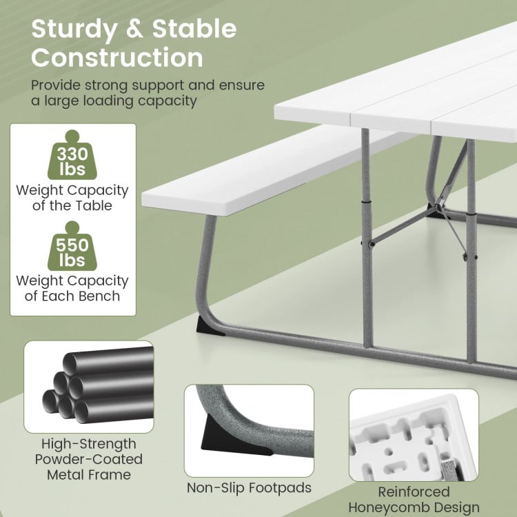 Folding Picnic Table Set with Metal Frame and All-Weather HDPE Tabletop  Umbrella Hole-White
