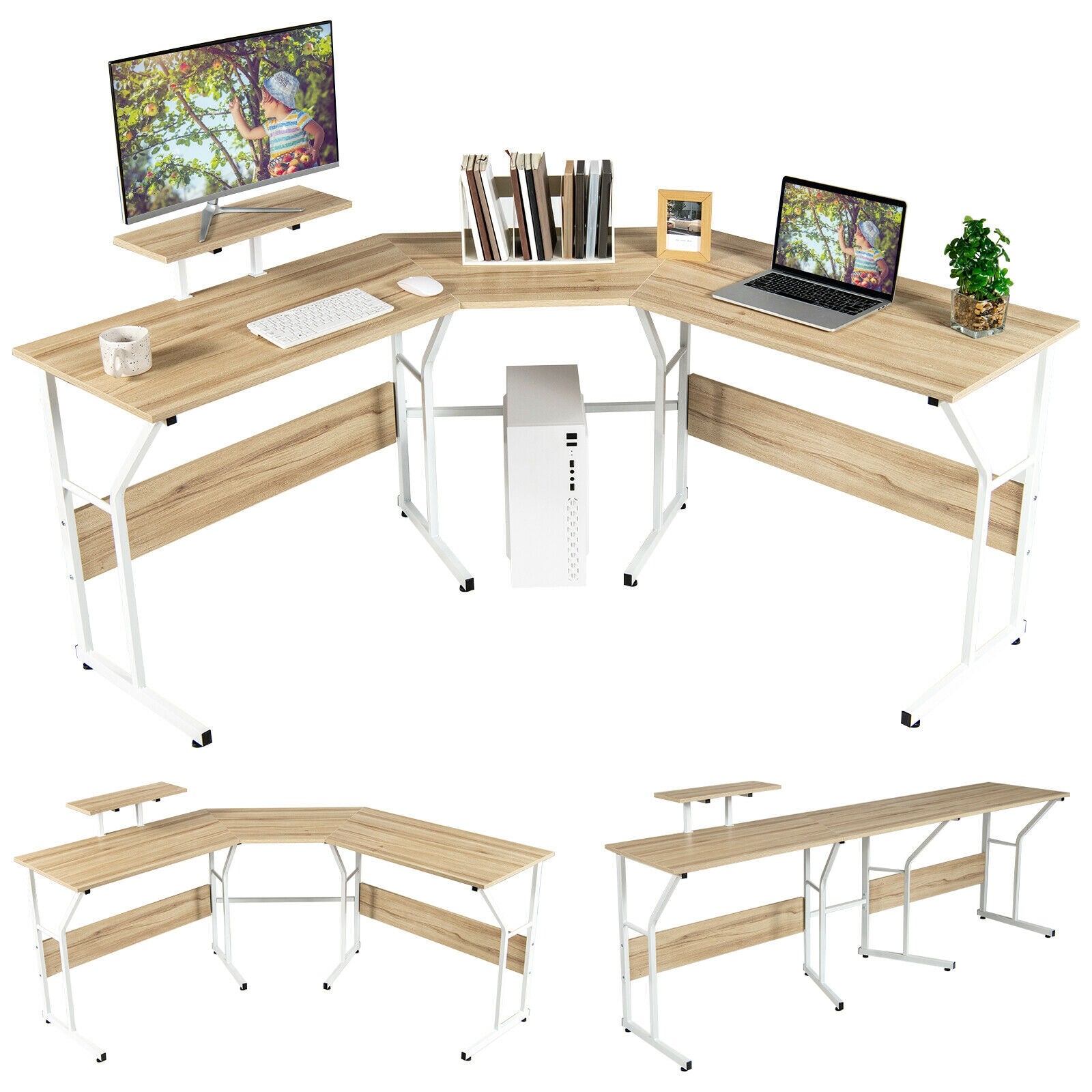 88.5 Inch L Shaped Reversible Computer Desk Table with Monitor Stand-Natural