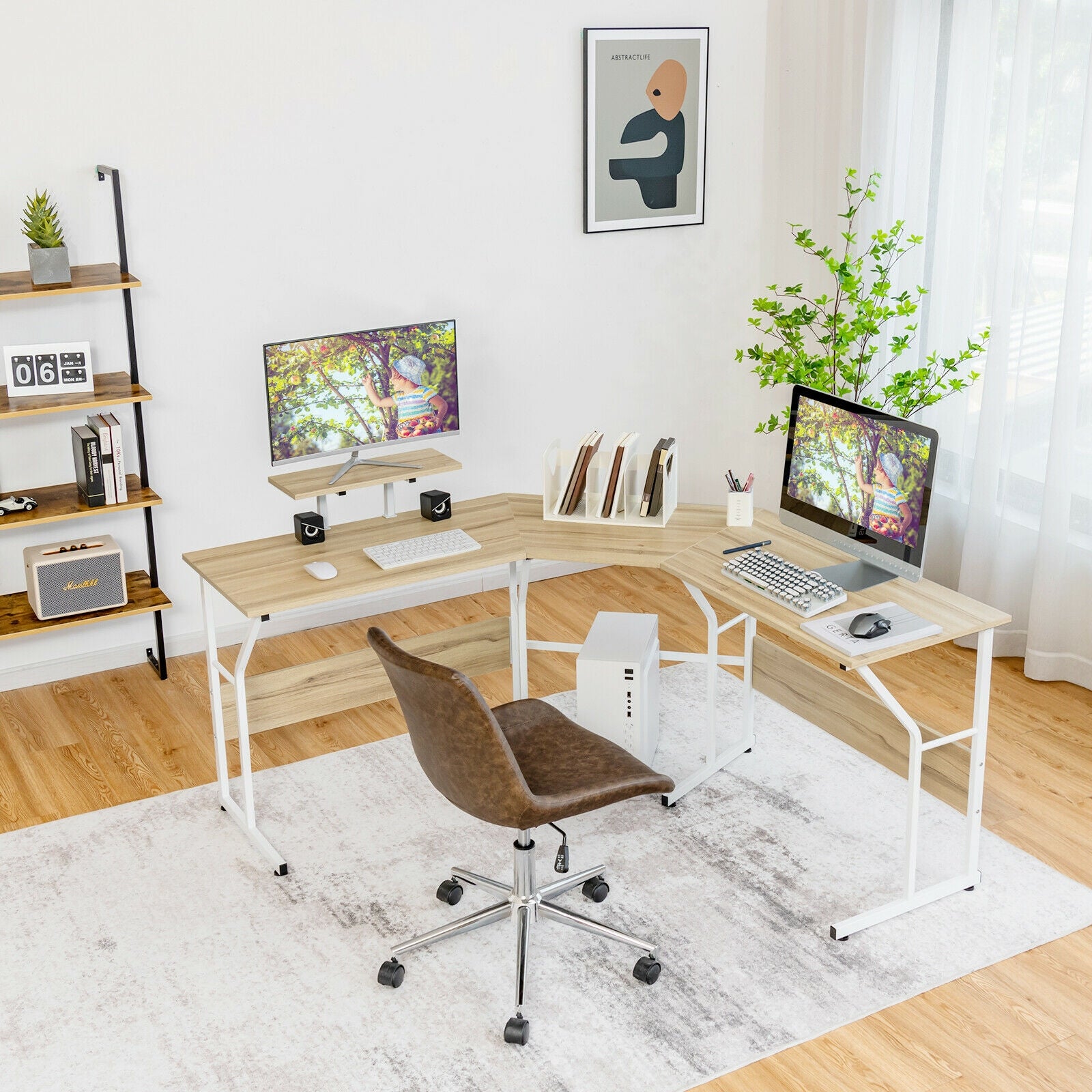 88.5 Inch L Shaped Reversible Computer Desk Table with Monitor Stand-Natural