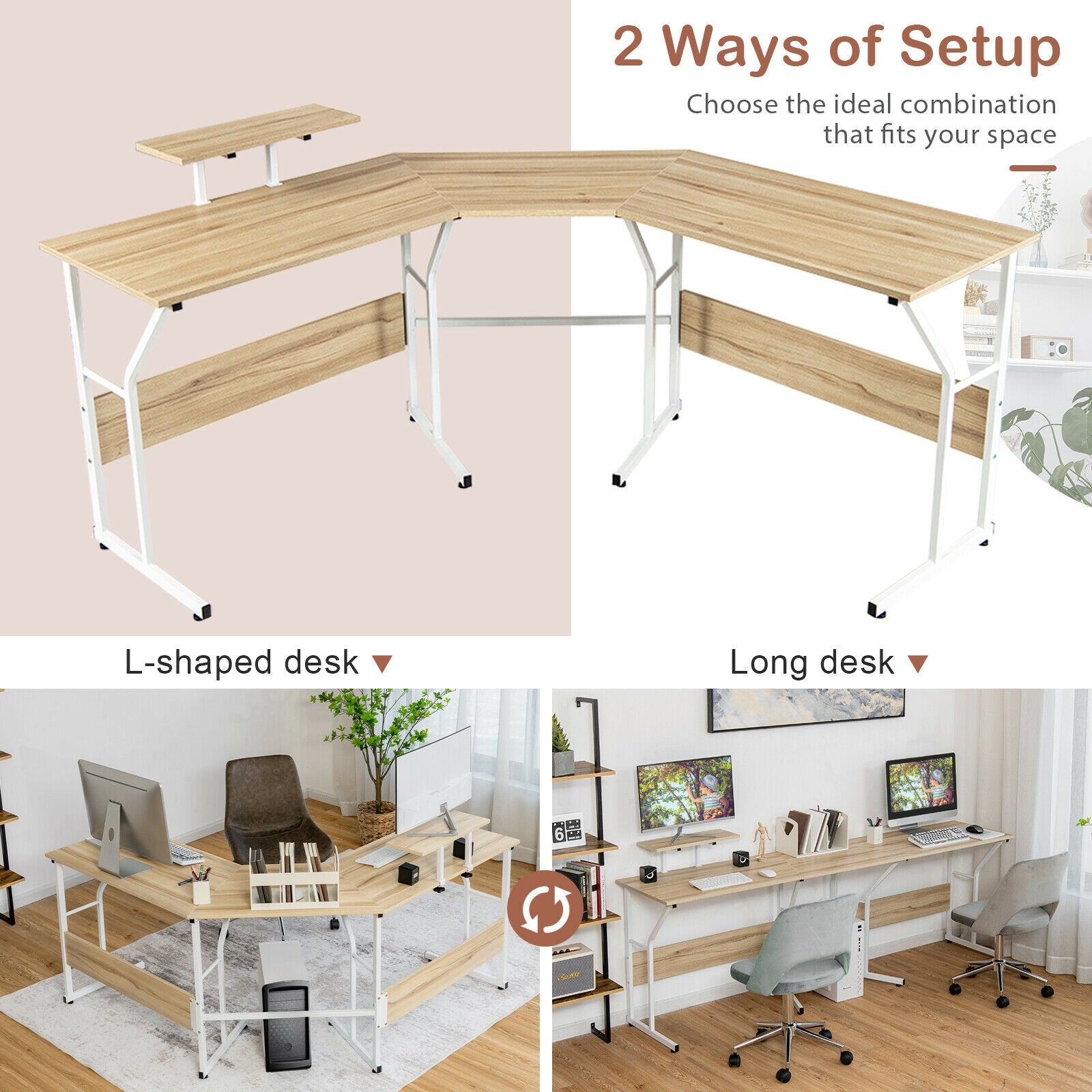 88.5 Inch L Shaped Reversible Computer Desk Table with Monitor Stand-Natural 