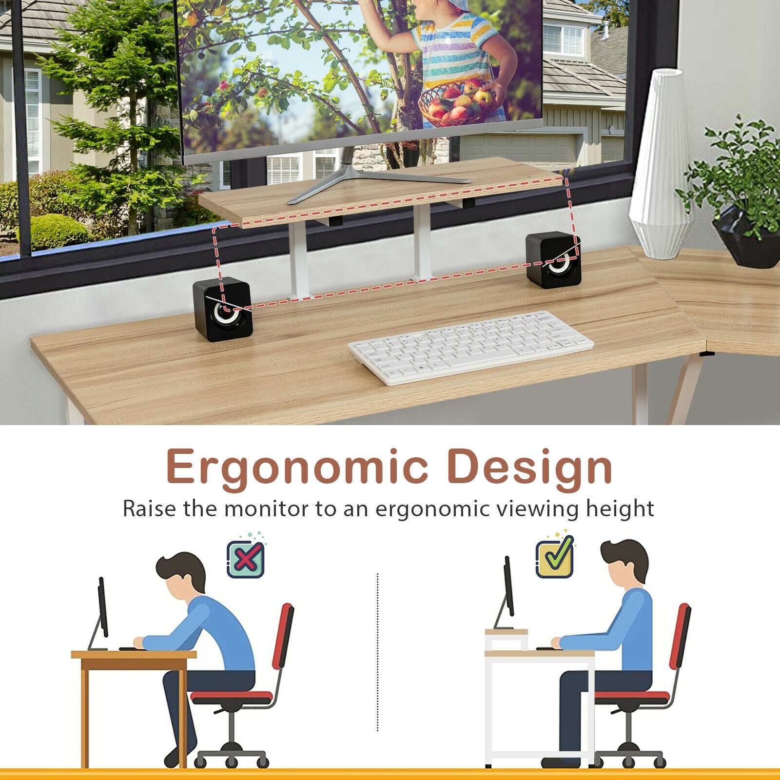 88.5 Inch L Shaped Reversible Computer Desk Table with Monitor Stand-Natural